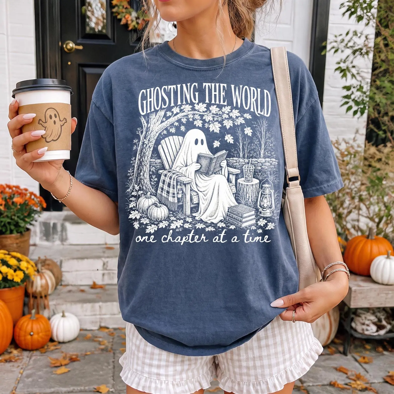 Comfort Colors Ghosting The World Reading Sweatshirt, Retro Bookish Fall Graphic Halloween Crewneck - photo 3