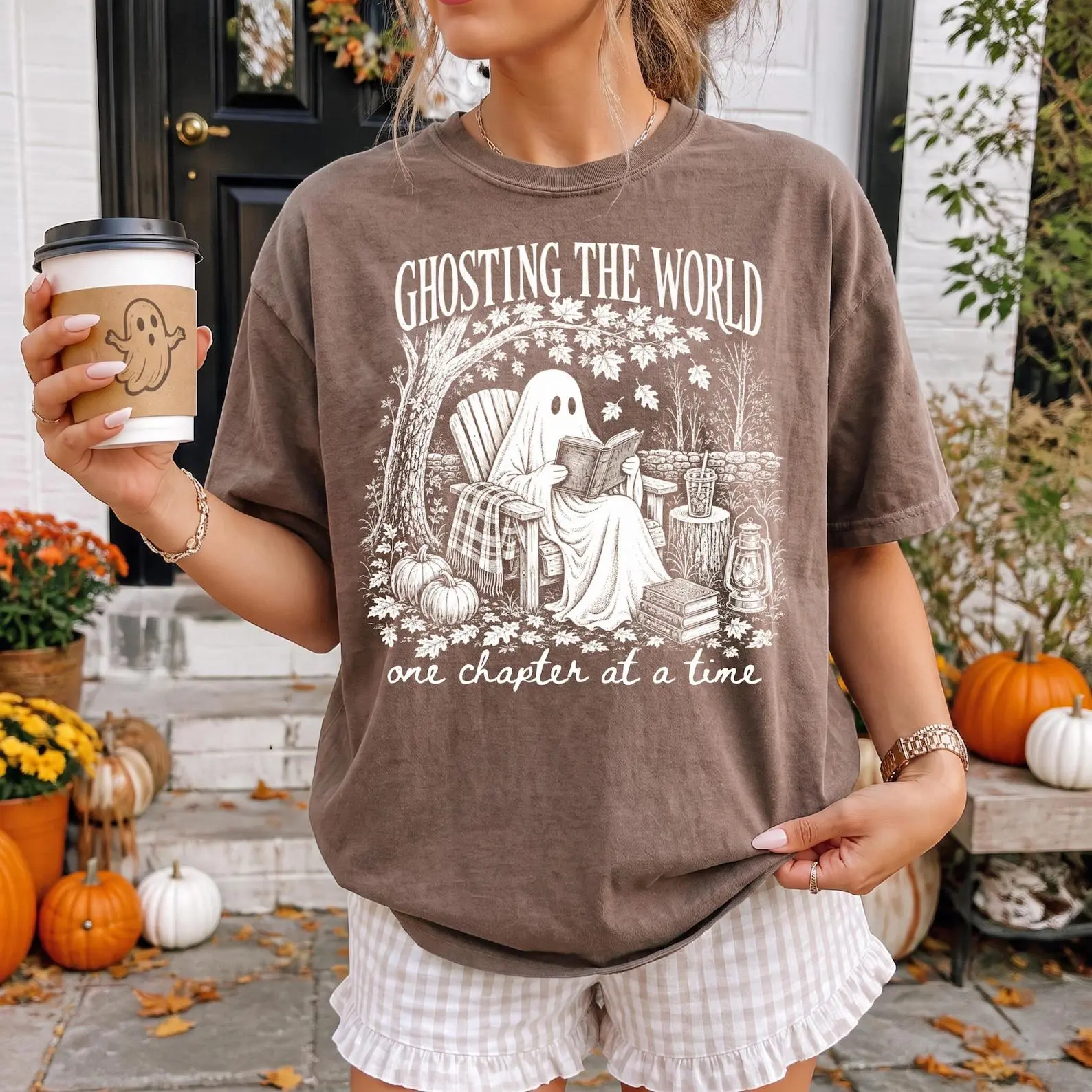 Comfort Colors Ghosting The World Reading Sweatshirt, Retro Bookish Fall Graphic Halloween Crewneck - photo 4