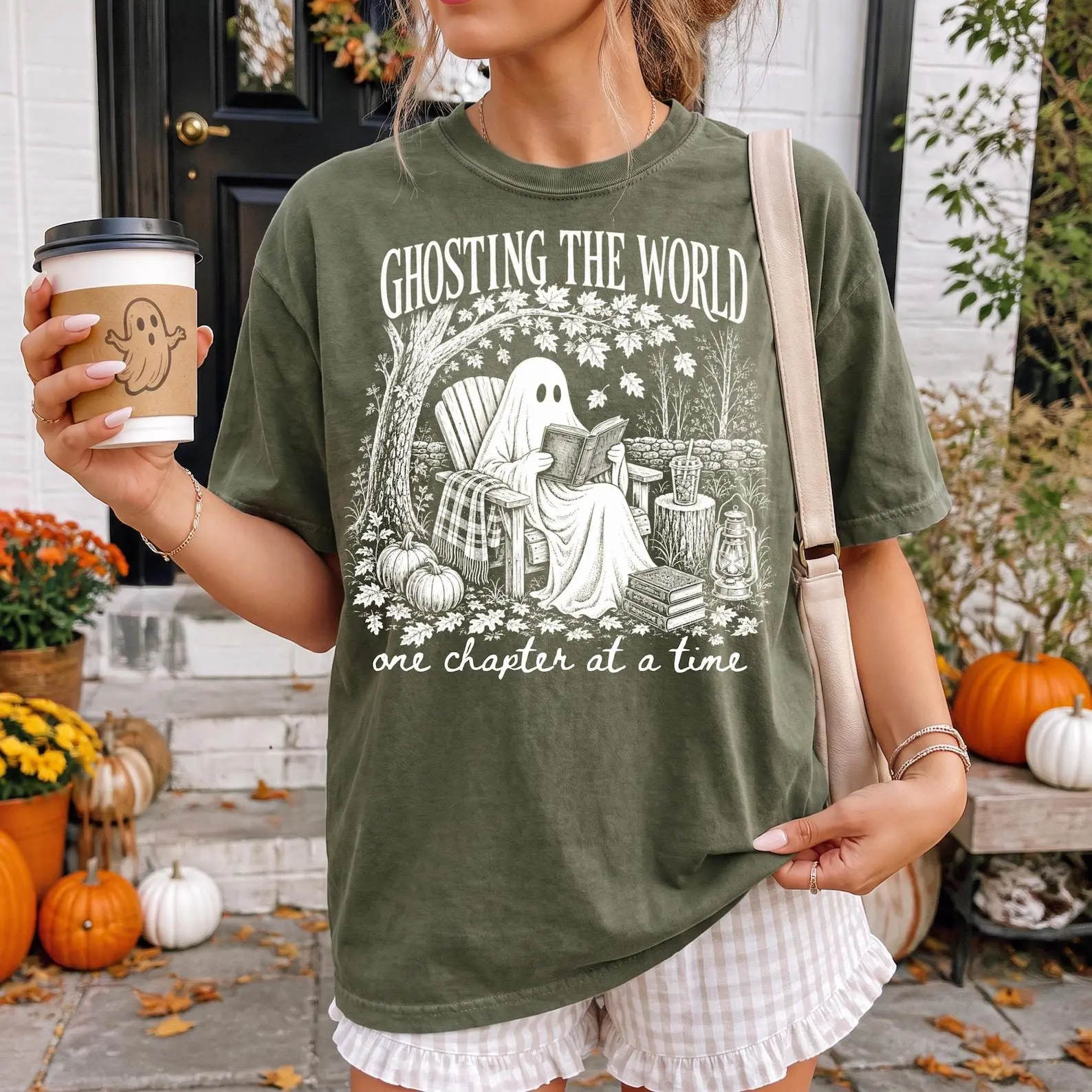 Comfort Colors Ghosting The World Reading Sweatshirt, Retro Bookish Fall Graphic Halloween Crewneck - photo 5