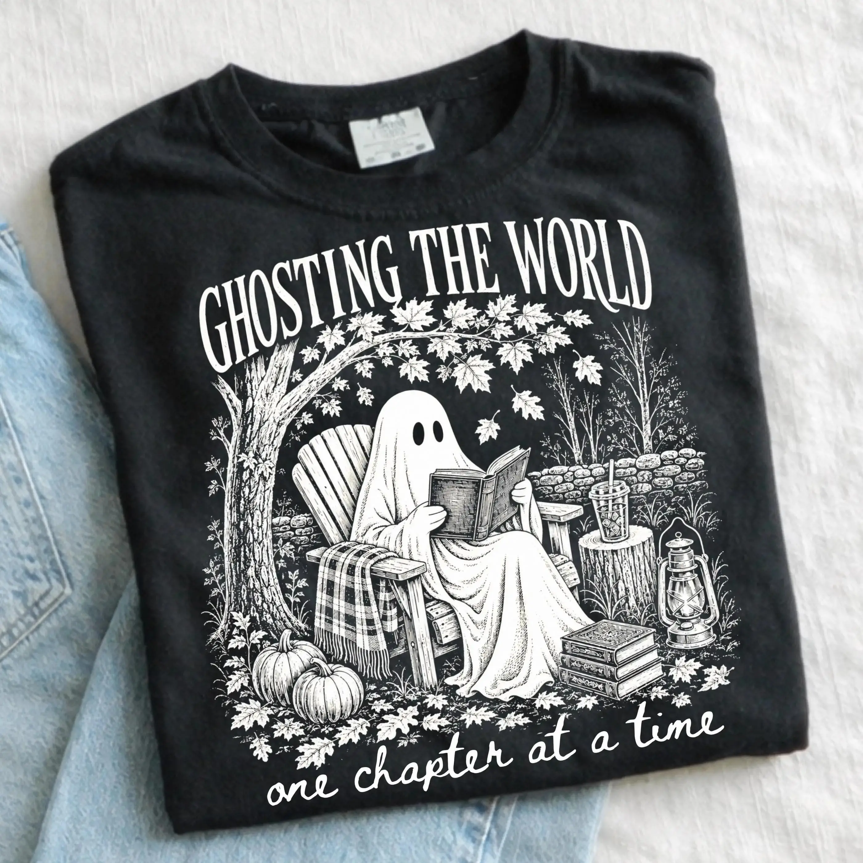 Comfort Colors Ghosting The World Shirt, Trendy Ghost Reading Graphic Tee, Retro Bookish Fall Halloween Gift - photo 2