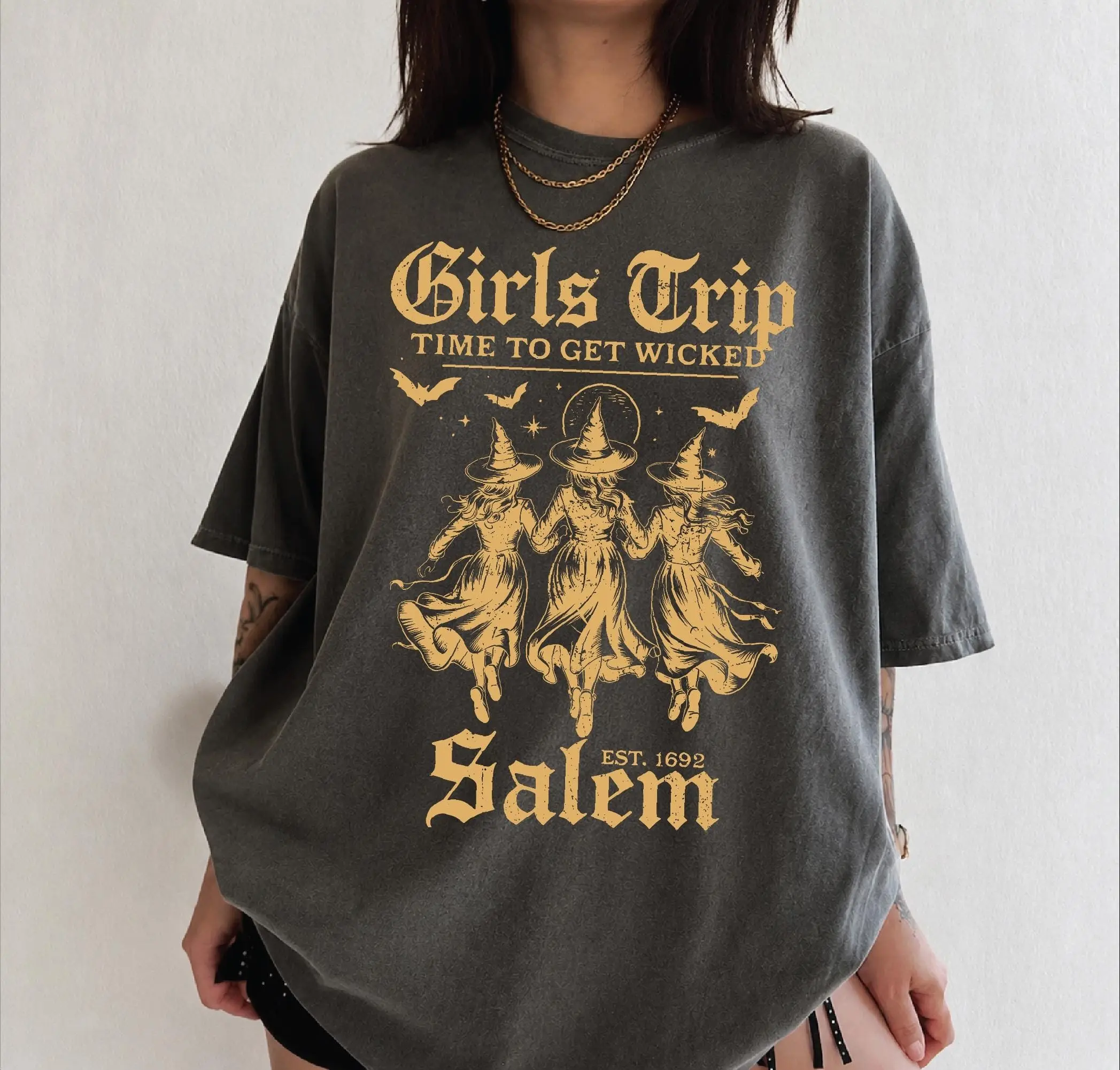 Comfort Colors Girls Trip Salem T-Shirt, Halloween Party Retro Witch Tee, Girl Weekend Spooky Season Top - photo 1