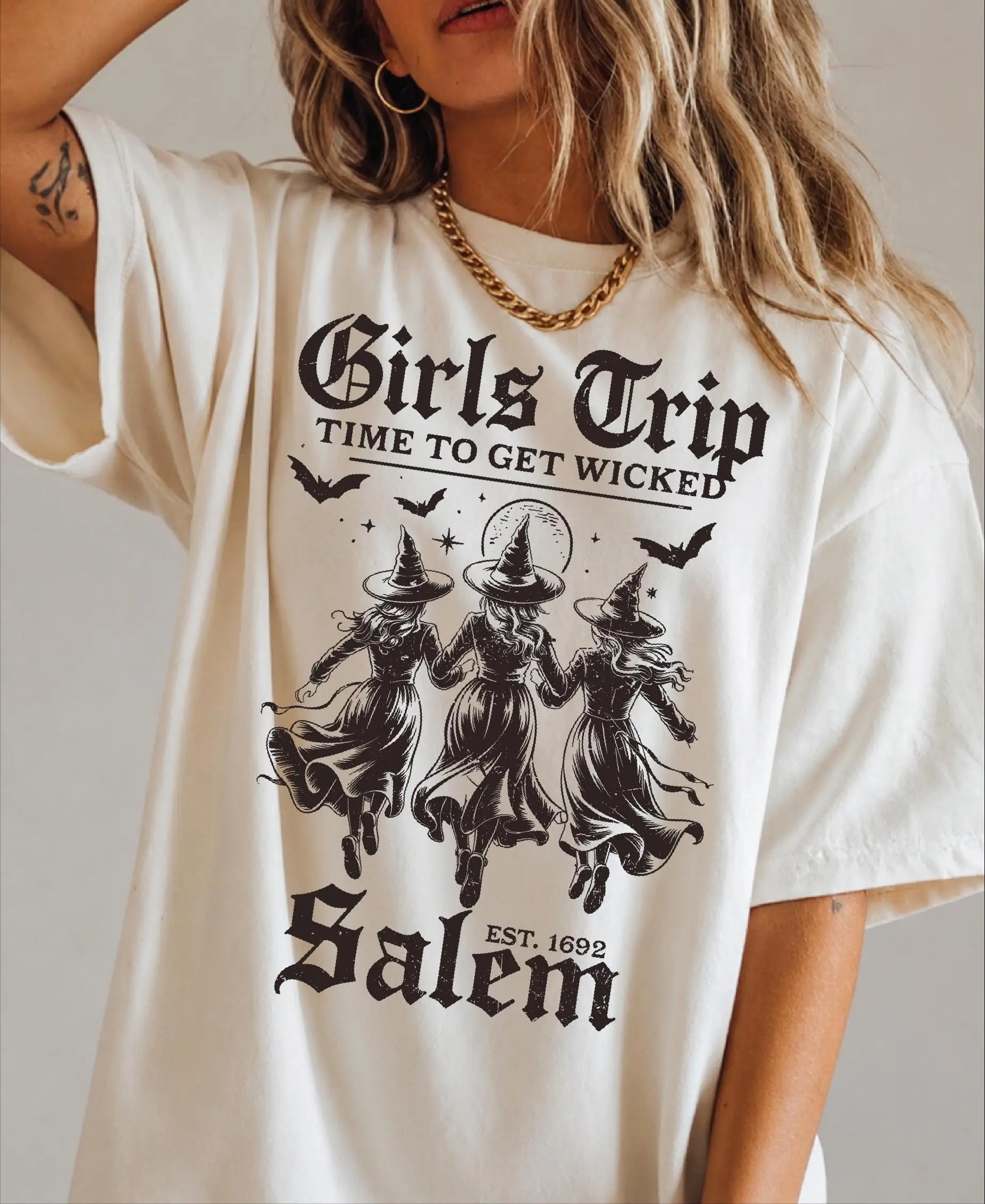 Comfort Colors Girls Trip Salem T-Shirt, Halloween Party Retro Witch Tee, Girl Weekend Spooky Season Top - photo 2
