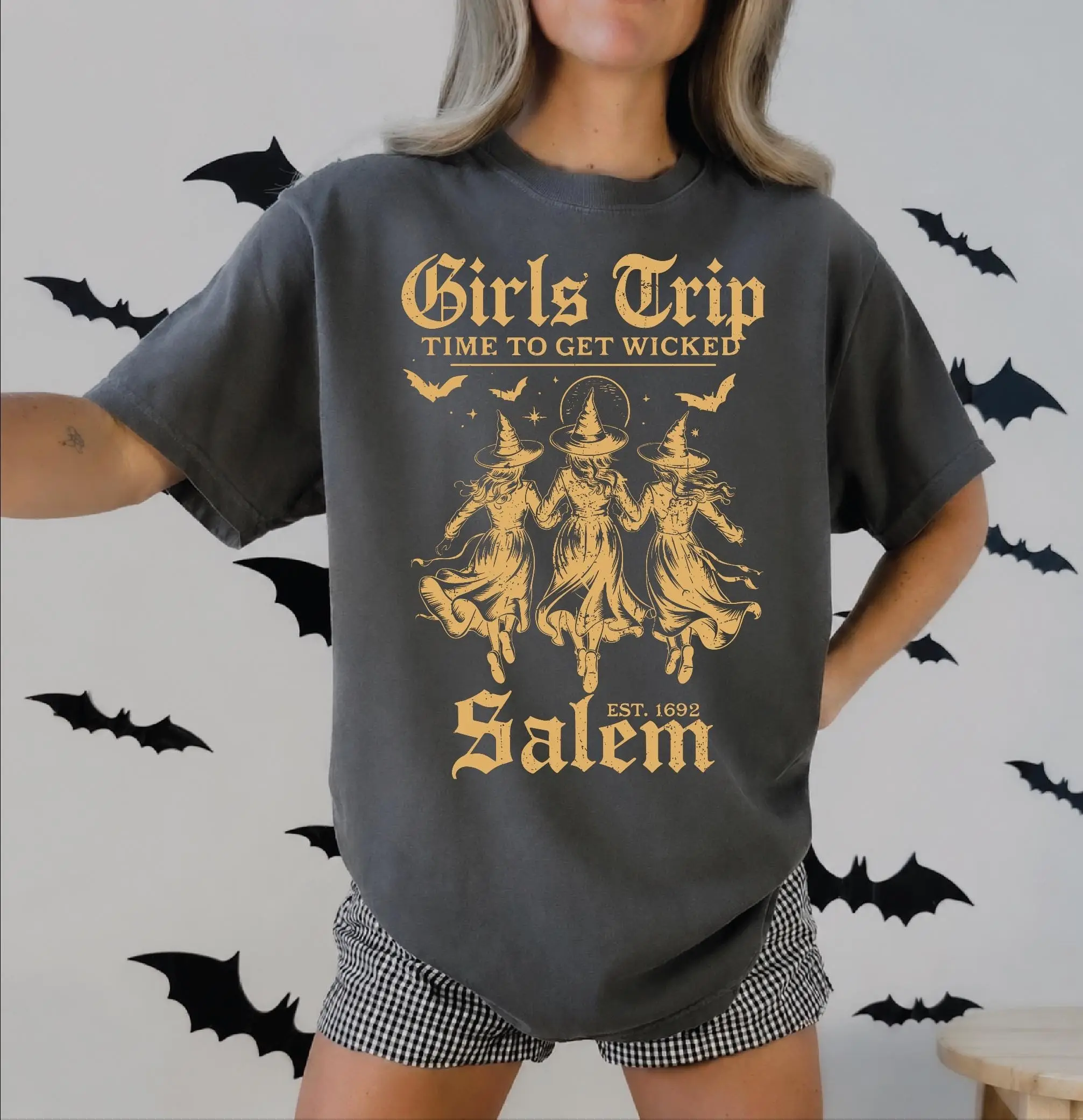 Comfort Colors Girls Trip Salem T-Shirt, Halloween Party Retro Witch Tee, Girl Weekend Spooky Season Top - photo 4