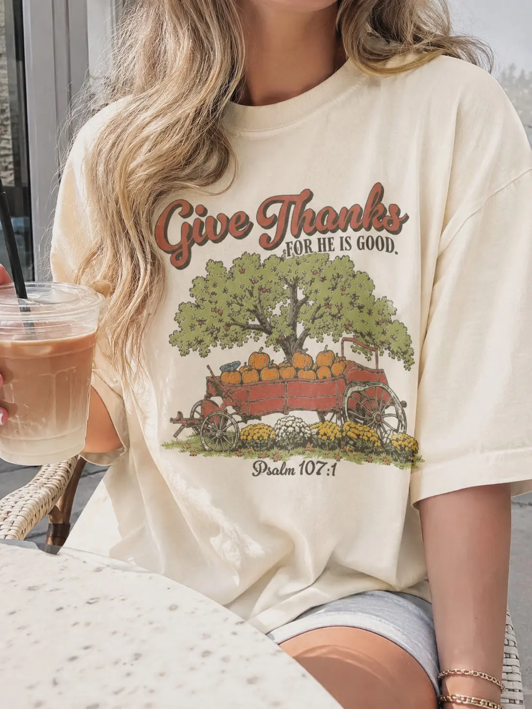 Comfort Colors Give Thanks For He Is Good Psalm 107:1 Shirt, Christian Thanksgiving Pumpkin Wagon Harvest Tee