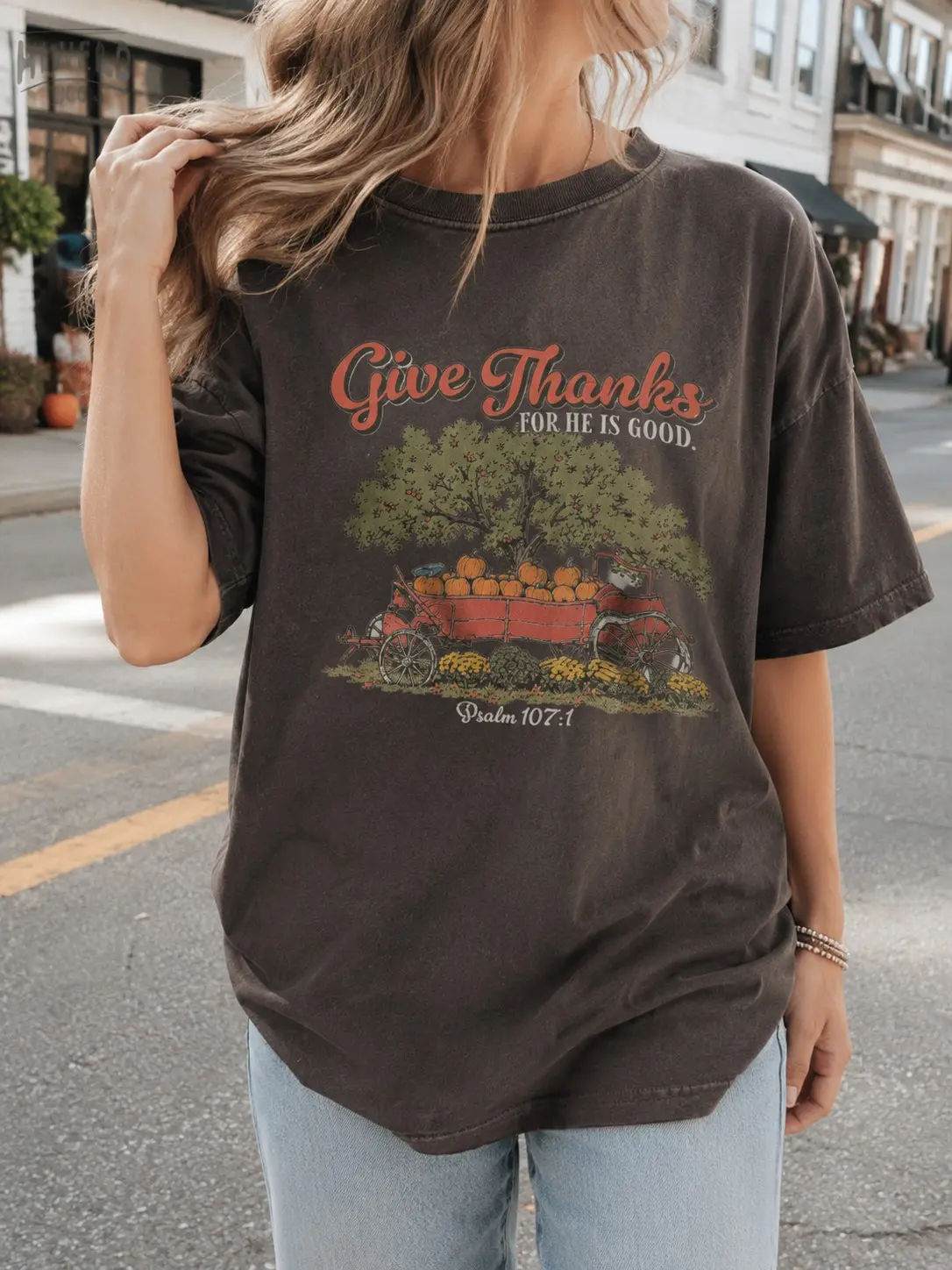 Comfort Colors Give Thanks For He Is Good Psalm 107:1 Shirt, Christian Thanksgiving Pumpkin Wagon Harvest Tee - photo 2