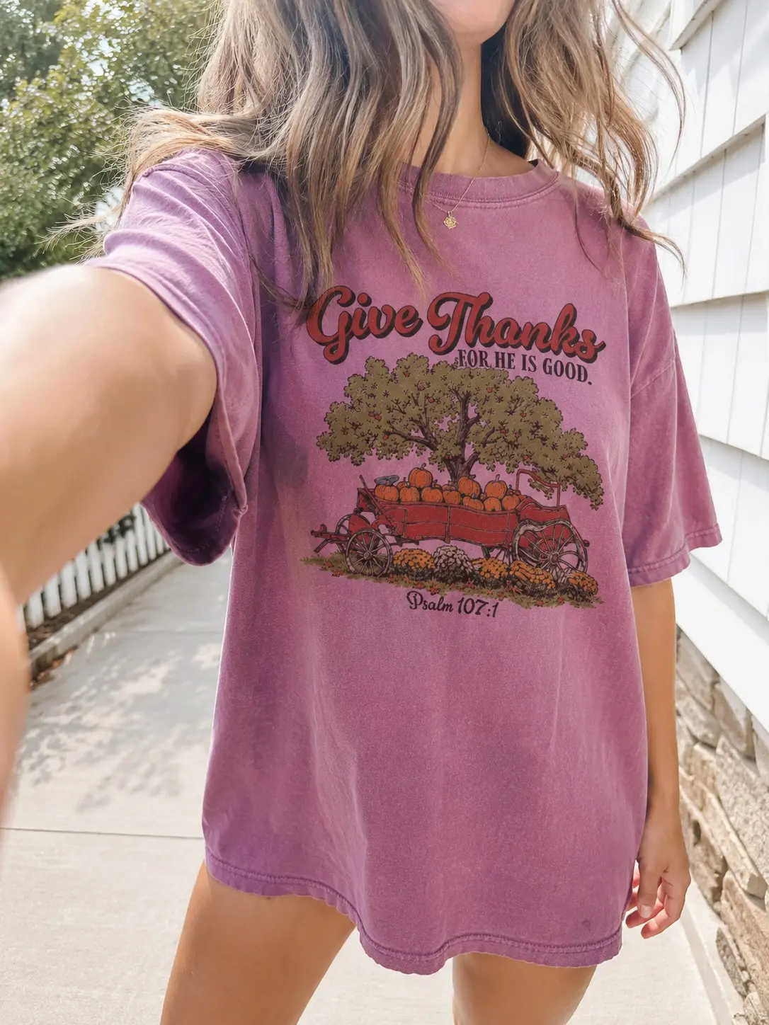 Comfort Colors Give Thanks For He Is Good Psalm 107:1 Shirt, Christian Thanksgiving Pumpkin Wagon Harvest Tee - photo 4
