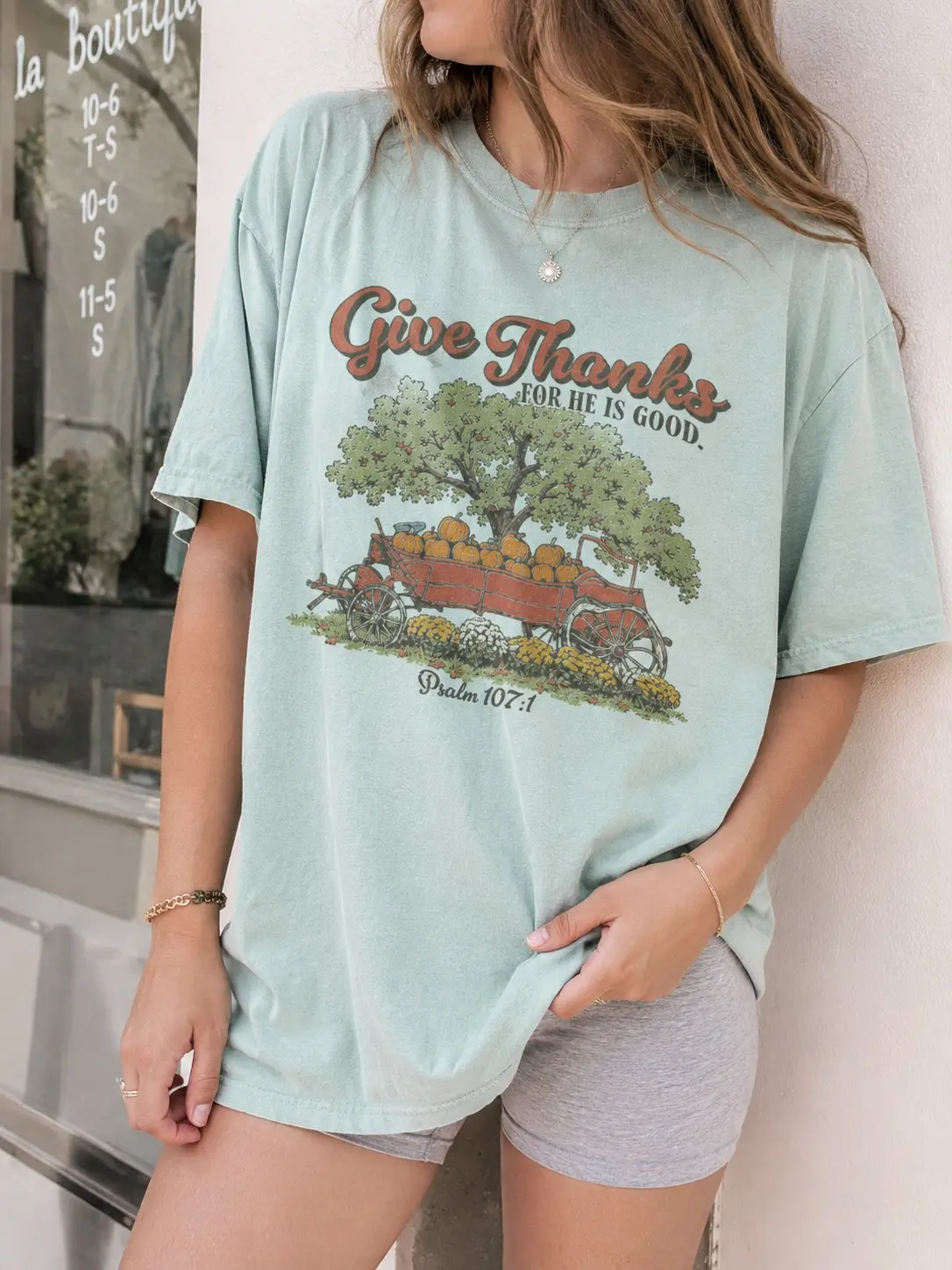 Comfort Colors Give Thanks For He Is Good Psalm 107:1 Shirt, Christian Thanksgiving Pumpkin Wagon Harvest Tee - photo 5