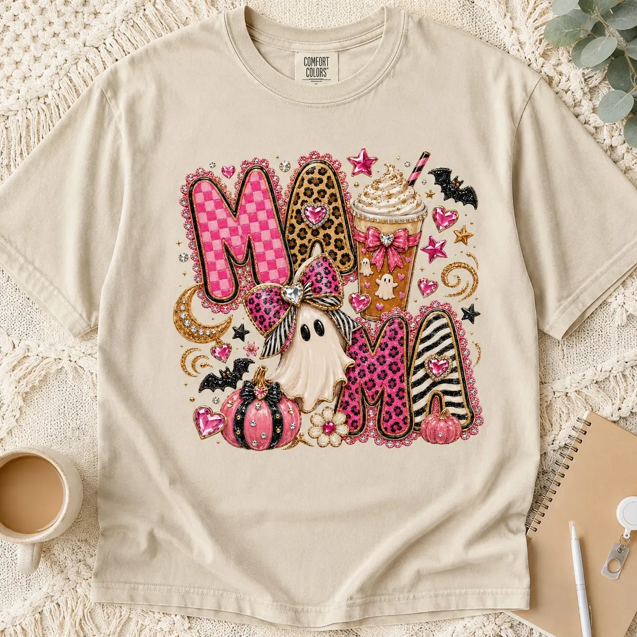 Comfort Colors Glam Halloween Pink Leopard Mama Ghost Graphic Shirts for Women - photo 2