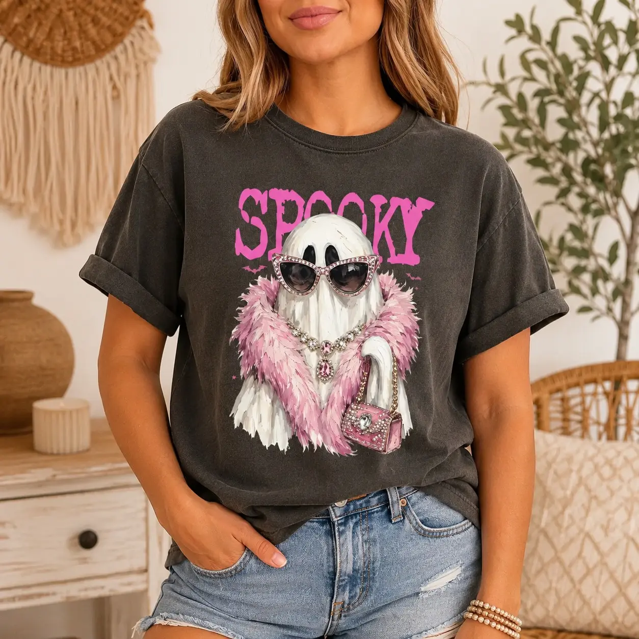 Comfort Colors Glam Pink Boa Sunglasses Ghost Shirt, Retro Spooky Halloween Tee for Women