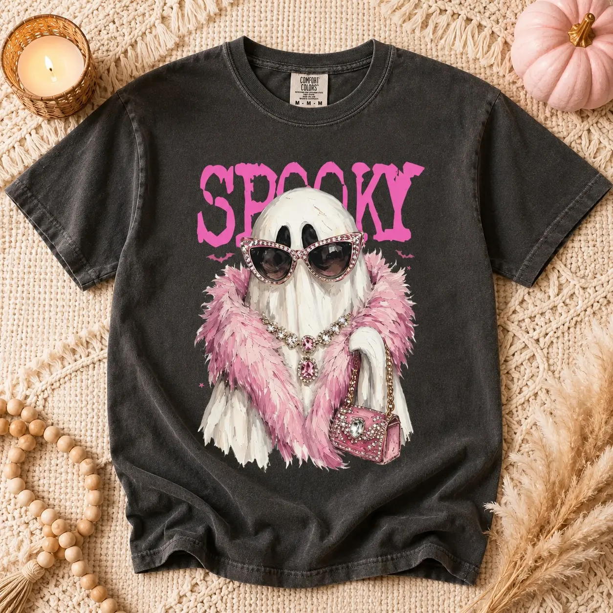 Comfort Colors Glam Pink Boa Sunglasses Ghost Shirt, Retro Spooky Halloween Tee for Women - photo 2
