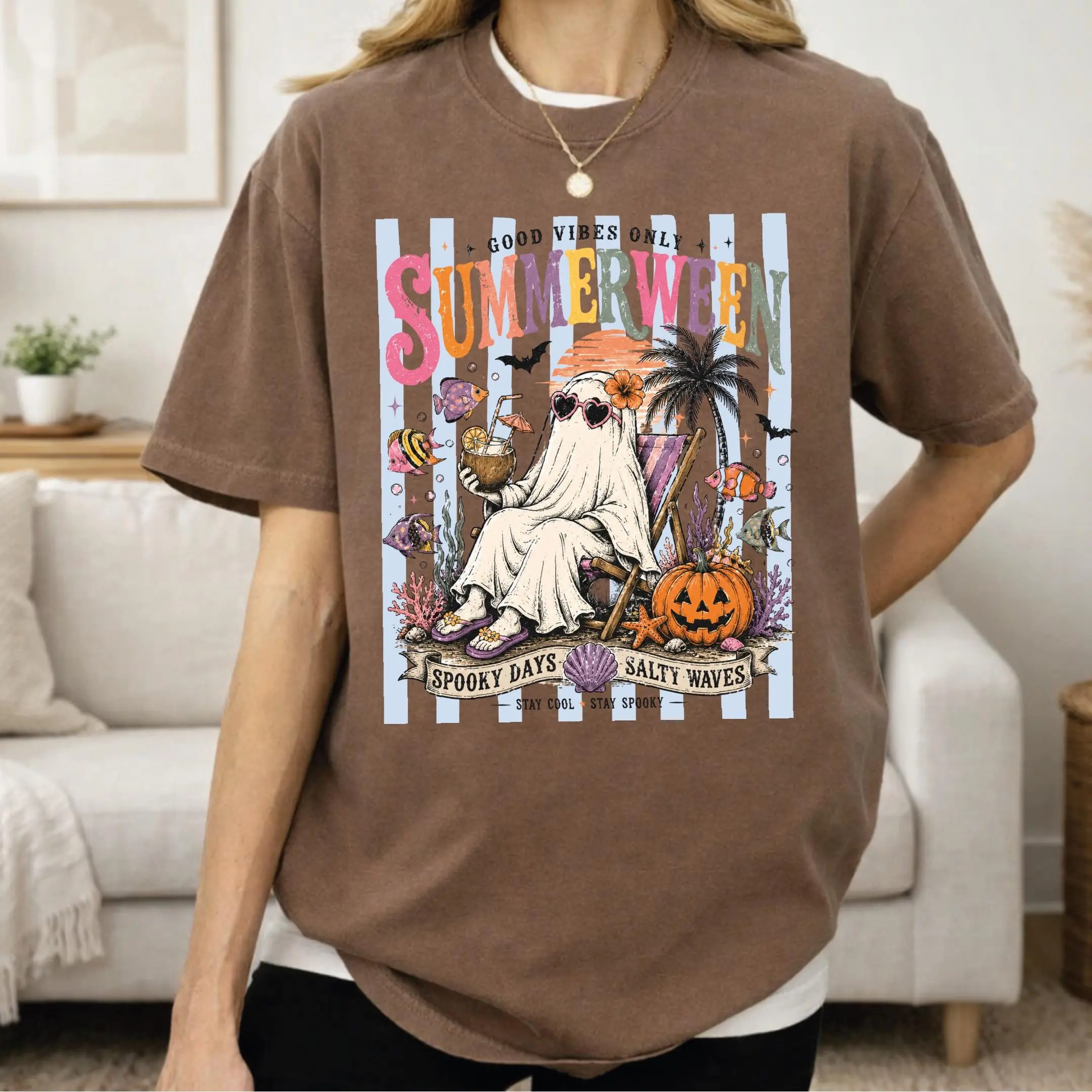 Comfort Colors Good Vibes Only Summerween Shirt, Retro Ghost Beach Spooky Summer Halloween July Tee - photo 3