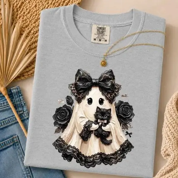 Comfort Colors Gothic Ghost Black Cat Halloween Shirt, Coquette Victorian Spooky Fall Graphic Tee