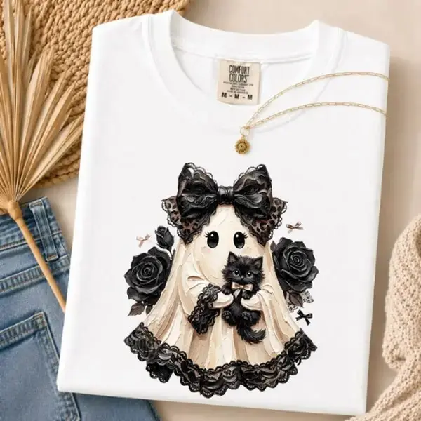 Comfort Colors Gothic Ghost Black Cat Halloween Shirt, Coquette Victorian Spooky Fall Graphic Tee - photo 2