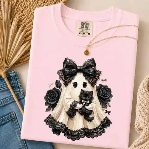 Comfort Colors Gothic Ghost Black Cat Halloween Shirt, Coquette Victorian Spooky Fall Graphic Tee - photo 3