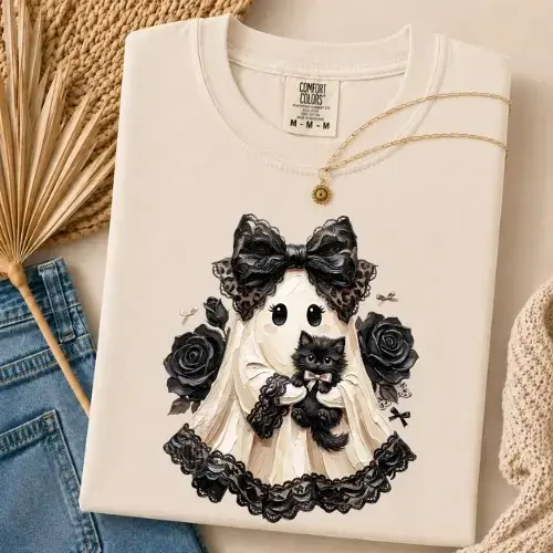 Comfort Colors Gothic Ghost Black Cat Halloween Shirt, Coquette Victorian Spooky Fall Graphic Tee - photo 4