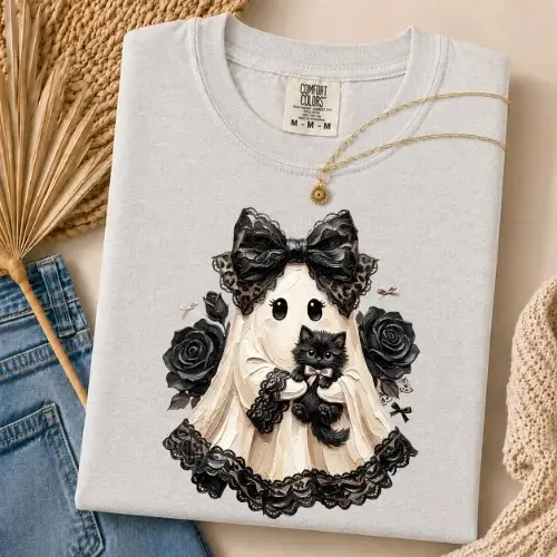 Comfort Colors Gothic Ghost Black Cat Halloween Shirt, Coquette Victorian Spooky Fall Graphic Tee - photo 5