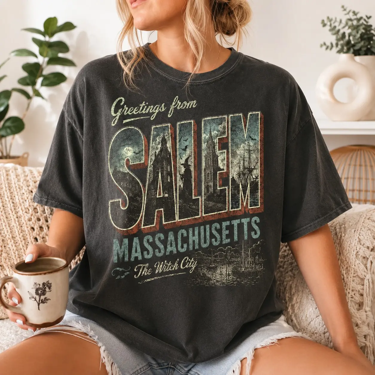 Comfort Colors Greetings from Salem Witch City Postcard Shirt, Retro Historic Halloween Vacation Tee, Fall Daughter Gift