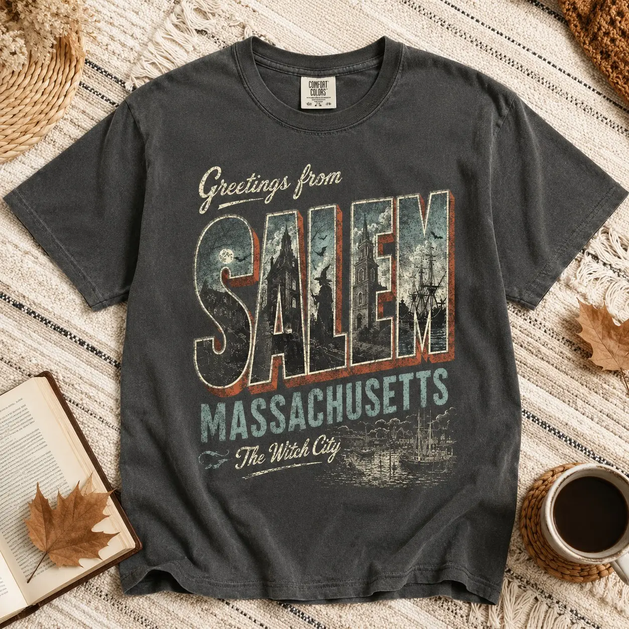 Comfort Colors Greetings from Salem Witch City Postcard Shirt, Retro Historic Halloween Vacation Tee, Fall Daughter Gift - photo 2