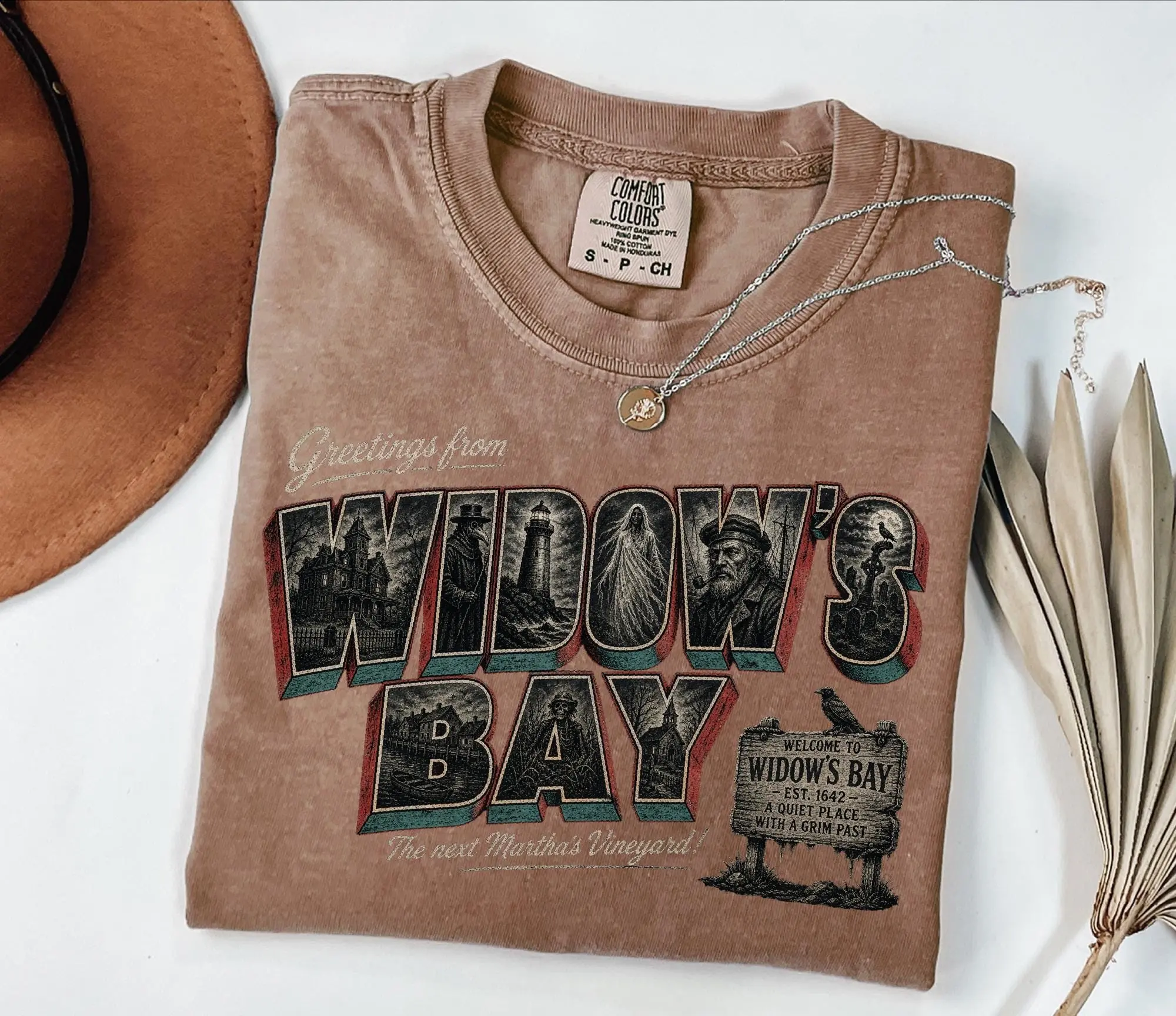 Comfort Colors Greetings From Widows Bay Shirt, Coastal Gothic Vintage Halloween Postcard Spooky Tee