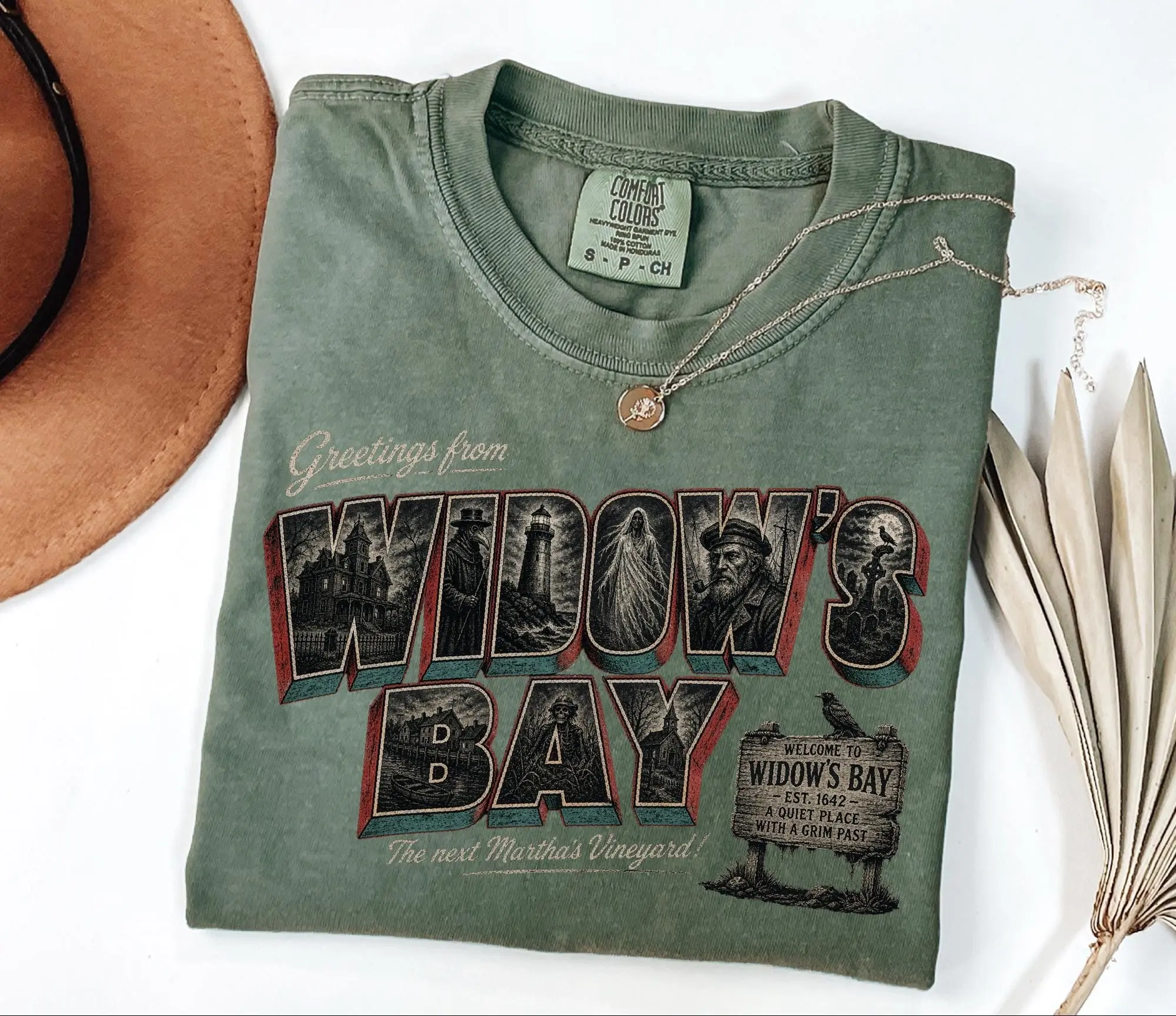 Comfort Colors Greetings From Widows Bay Shirt, Coastal Gothic Vintage Halloween Postcard Spooky Tee - photo 2