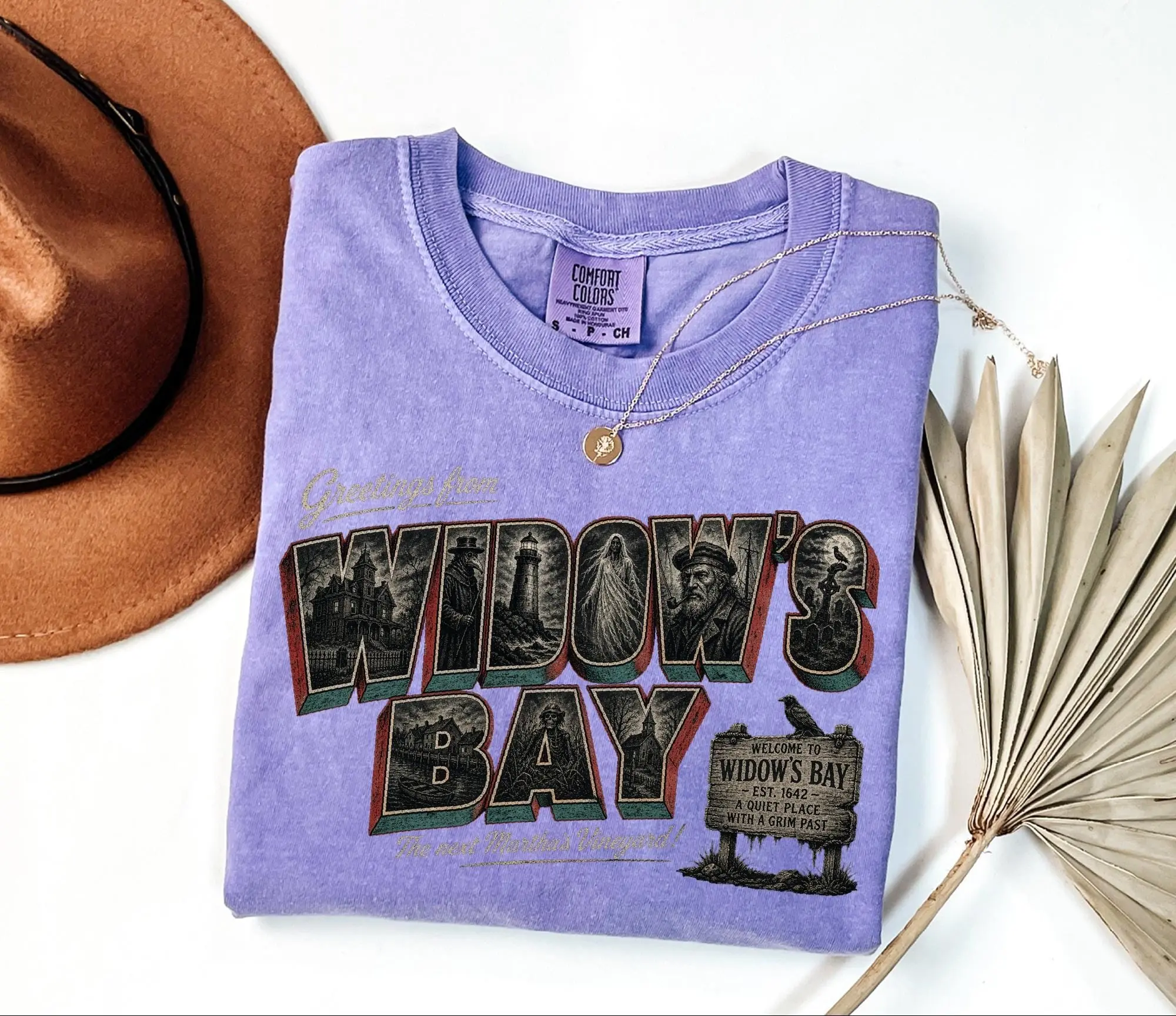 Comfort Colors Greetings From Widows Bay Shirt, Coastal Gothic Vintage Halloween Postcard Spooky Tee - photo 3