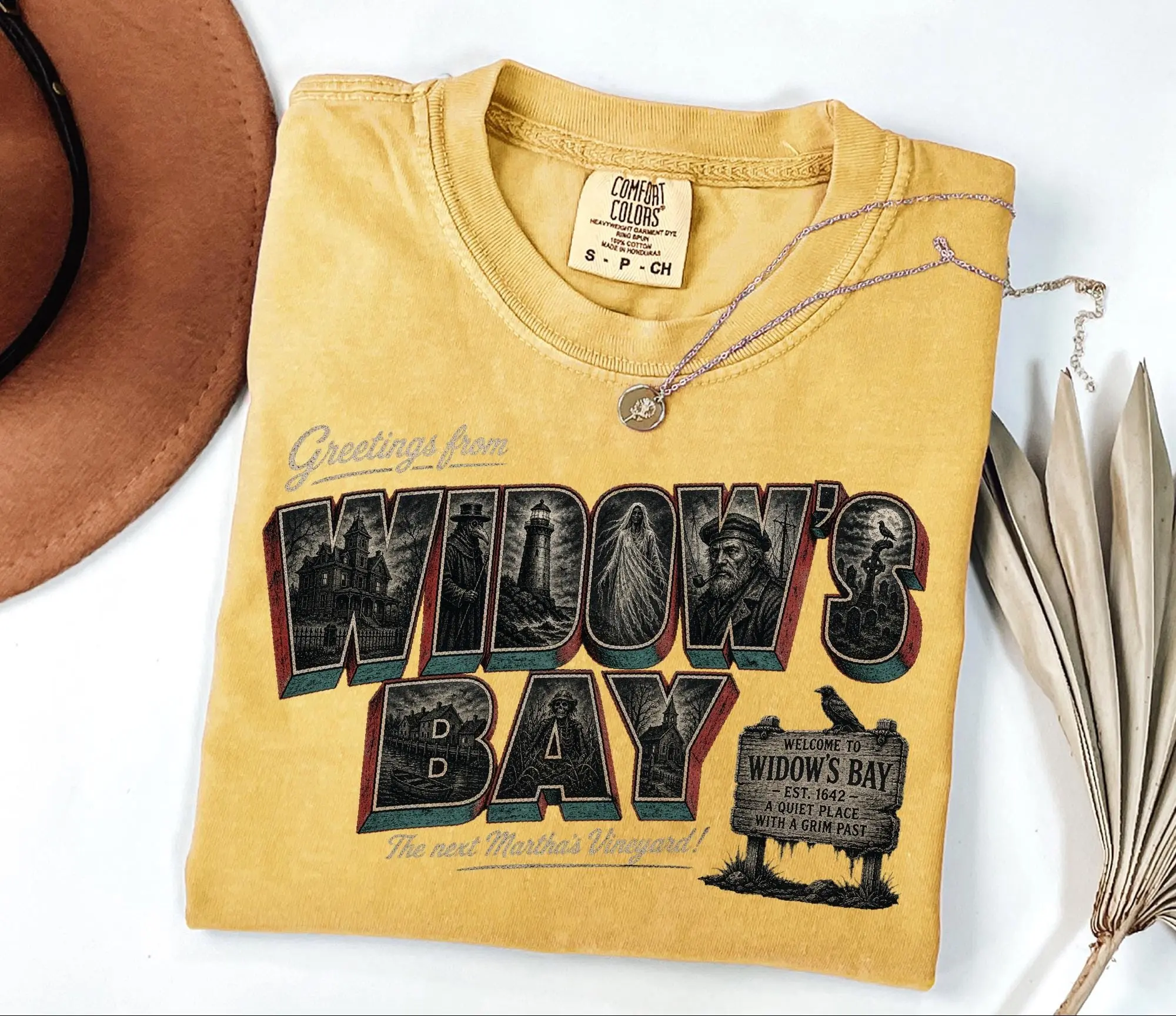Comfort Colors Greetings From Widows Bay Shirt, Coastal Gothic Vintage Halloween Postcard Spooky Tee - photo 4