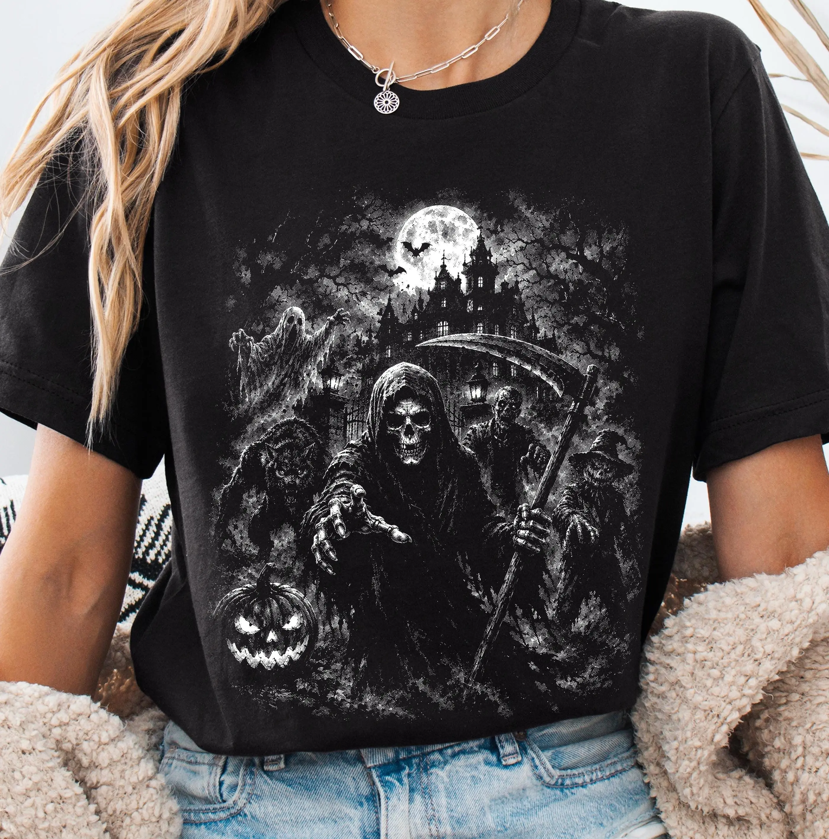 Comfort Colors Grim Reaper Halftone Shirt, Haunted Cemetery Gothic Spooky Halloween Characters Tee