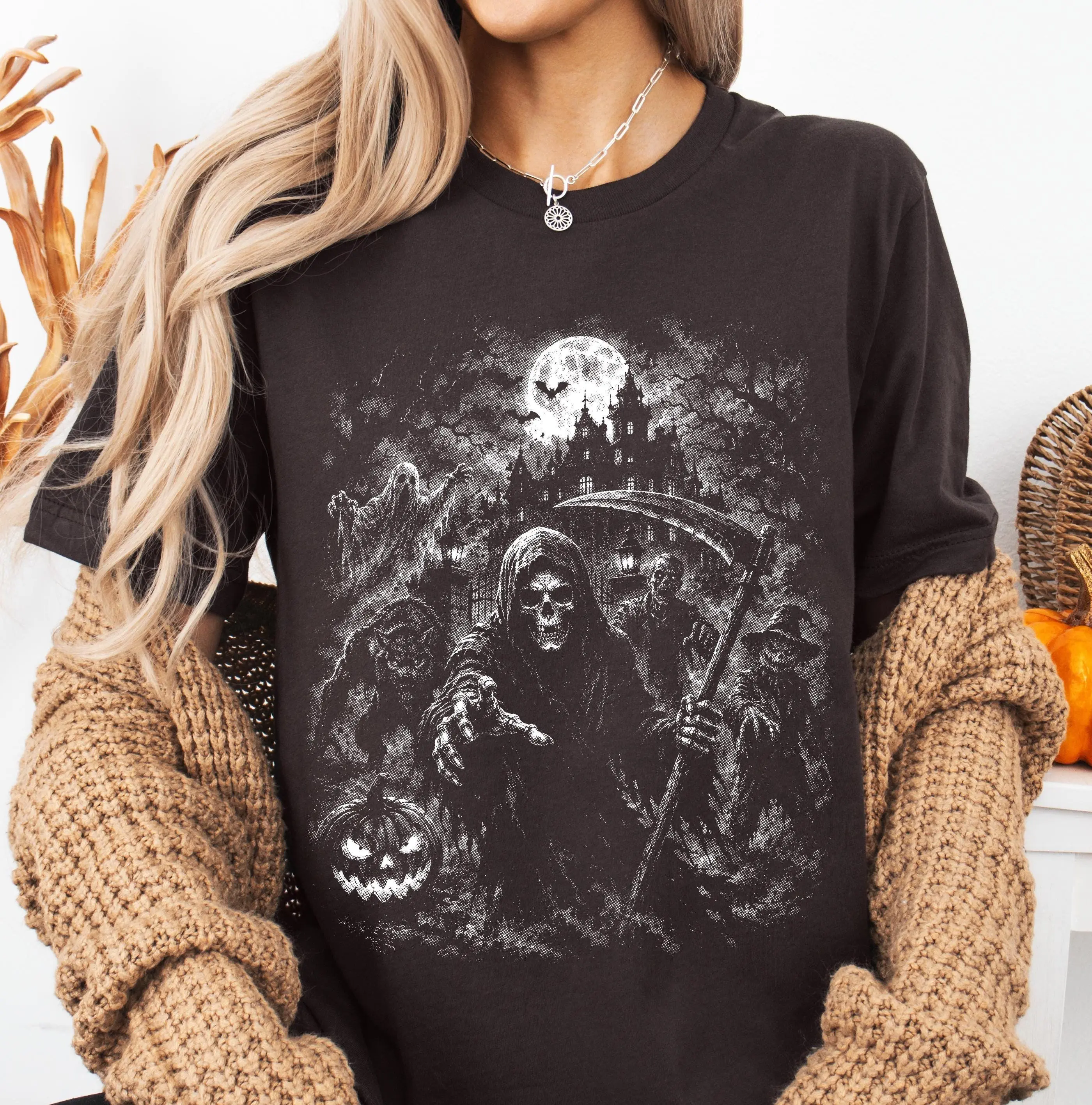 Comfort Colors Grim Reaper Halftone Shirt, Haunted Cemetery Gothic Spooky Halloween Characters Tee - photo 4