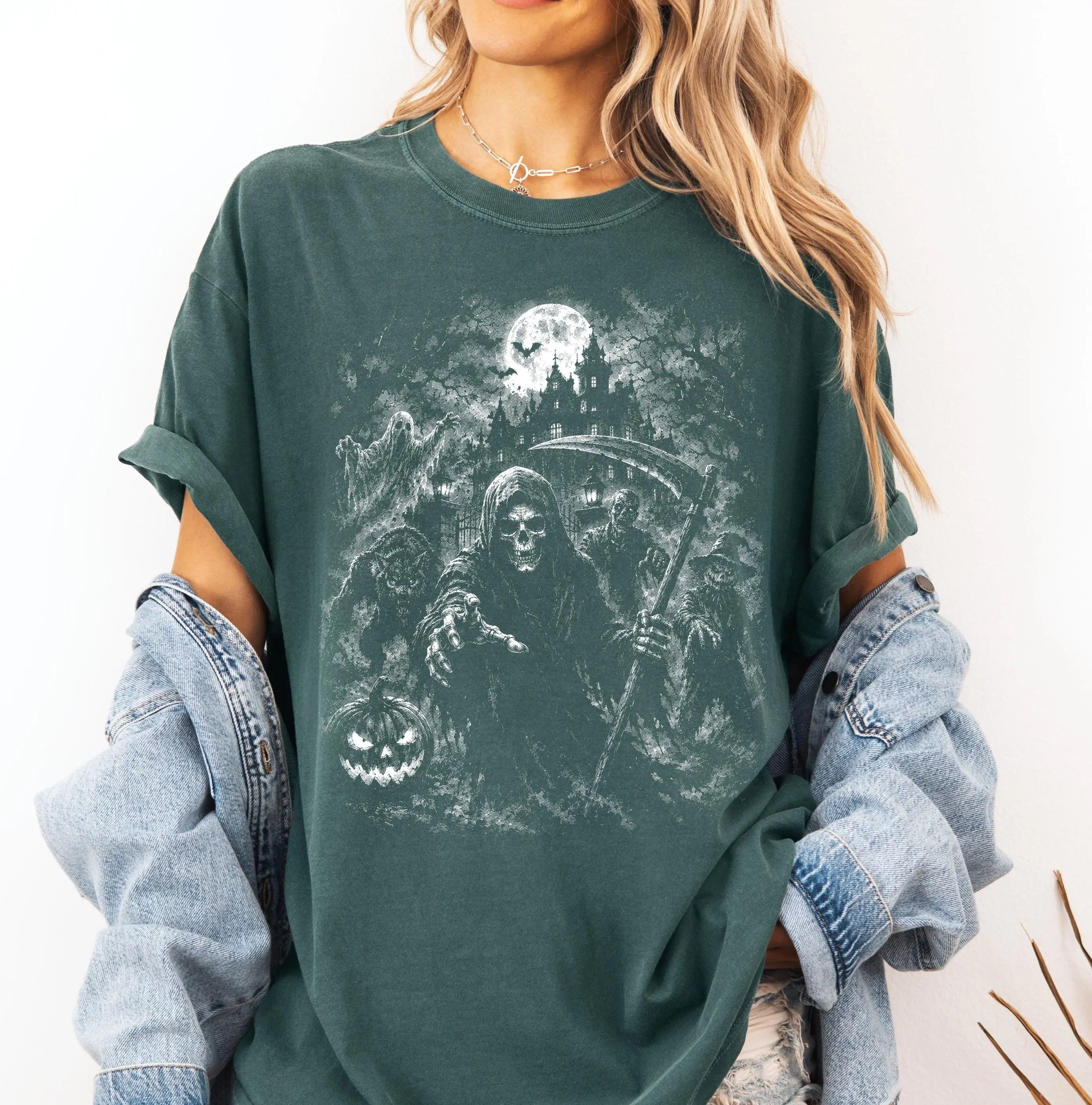 Comfort Colors Grim Reaper Halftone Shirt, Haunted Cemetery Gothic Spooky Halloween Characters Tee - photo 5