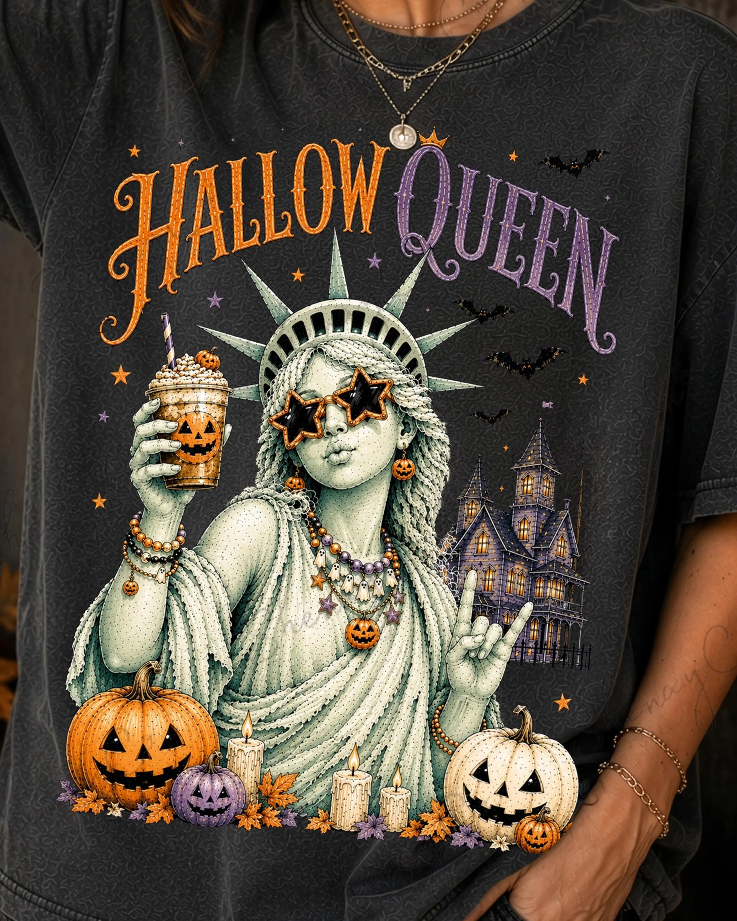 Comfort Colors Hallow Queen Shirt, Unisex Statue of Liberty Spooky Pumpkin Coffee Vintage Halloween Tee