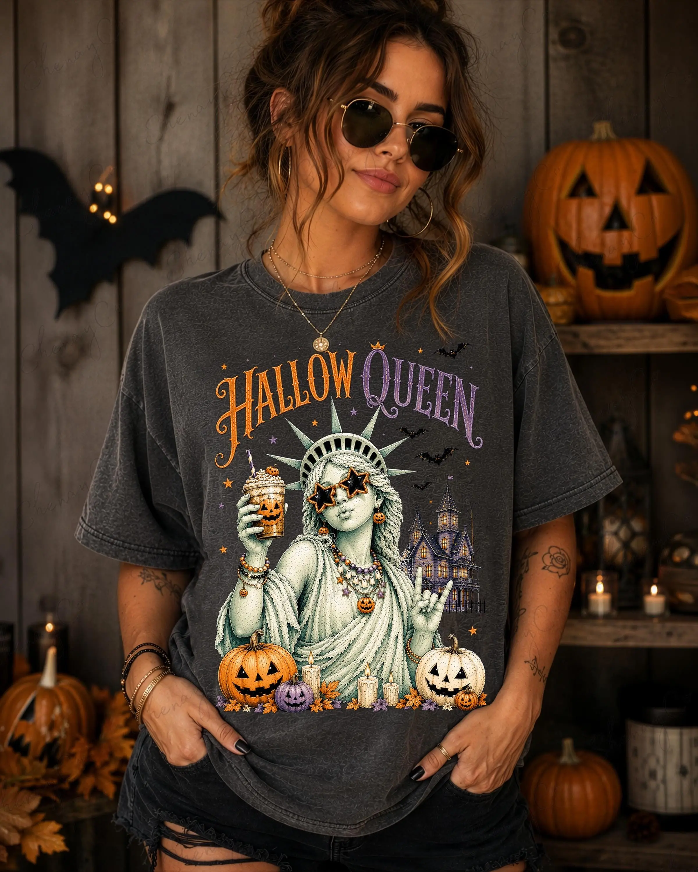 Comfort Colors Hallow Queen Shirt, Unisex Statue of Liberty Spooky Pumpkin Coffee Vintage Halloween Tee - photo 2