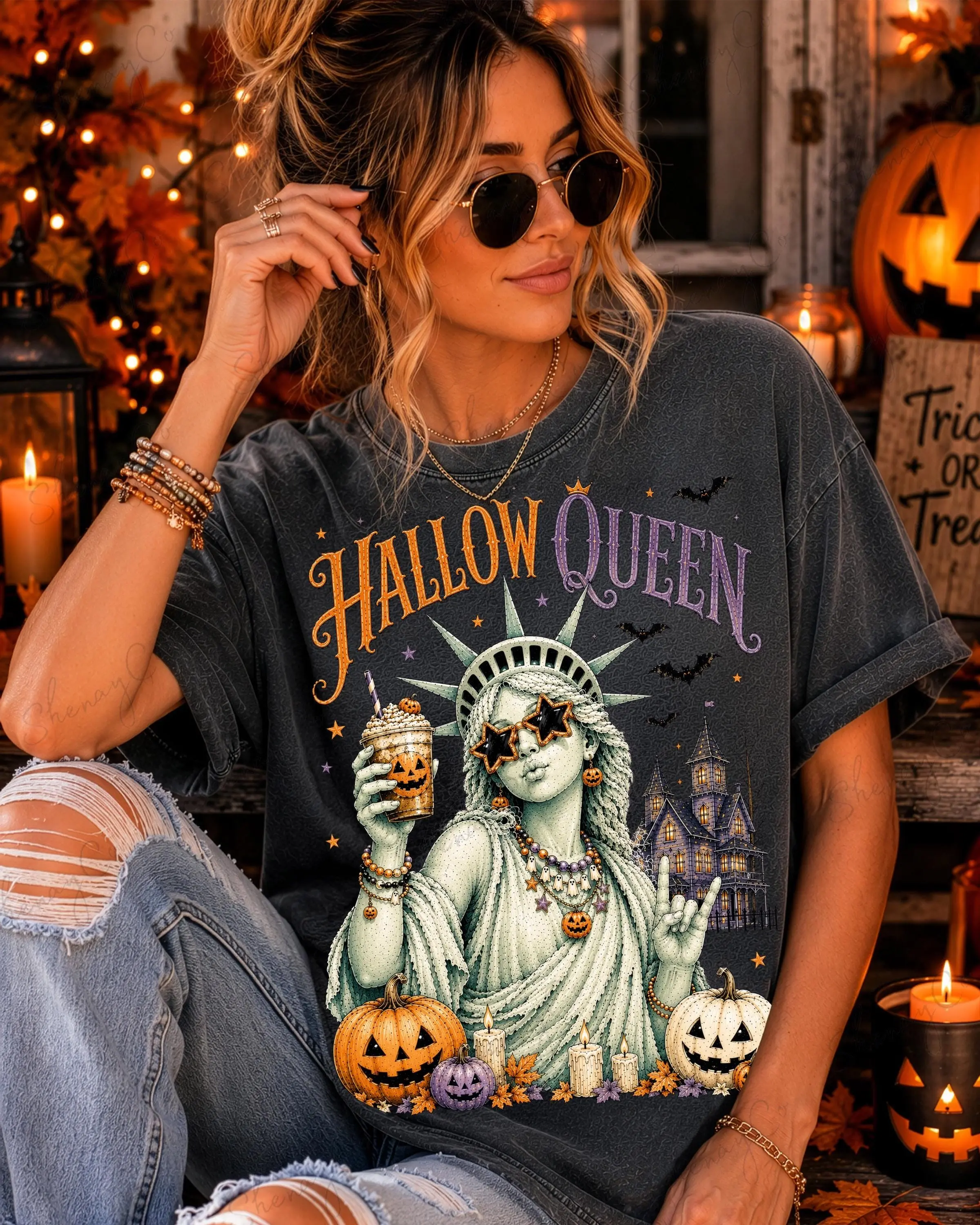 Comfort Colors Hallow Queen Shirt, Unisex Statue of Liberty Spooky Pumpkin Coffee Vintage Halloween Tee - photo 3