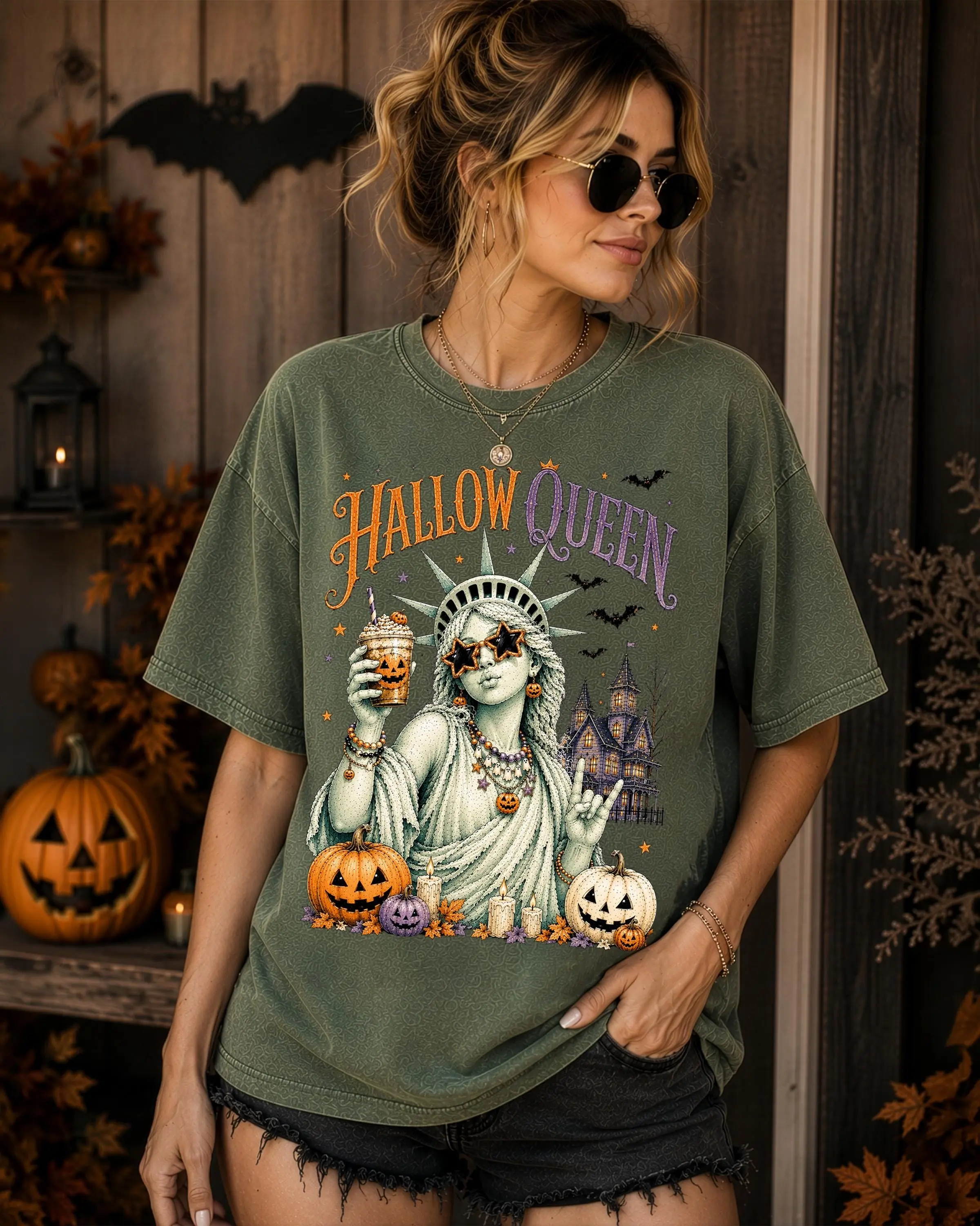 Comfort Colors Hallow Queen Shirt, Unisex Statue of Liberty Spooky Pumpkin Coffee Vintage Halloween Tee - photo 4