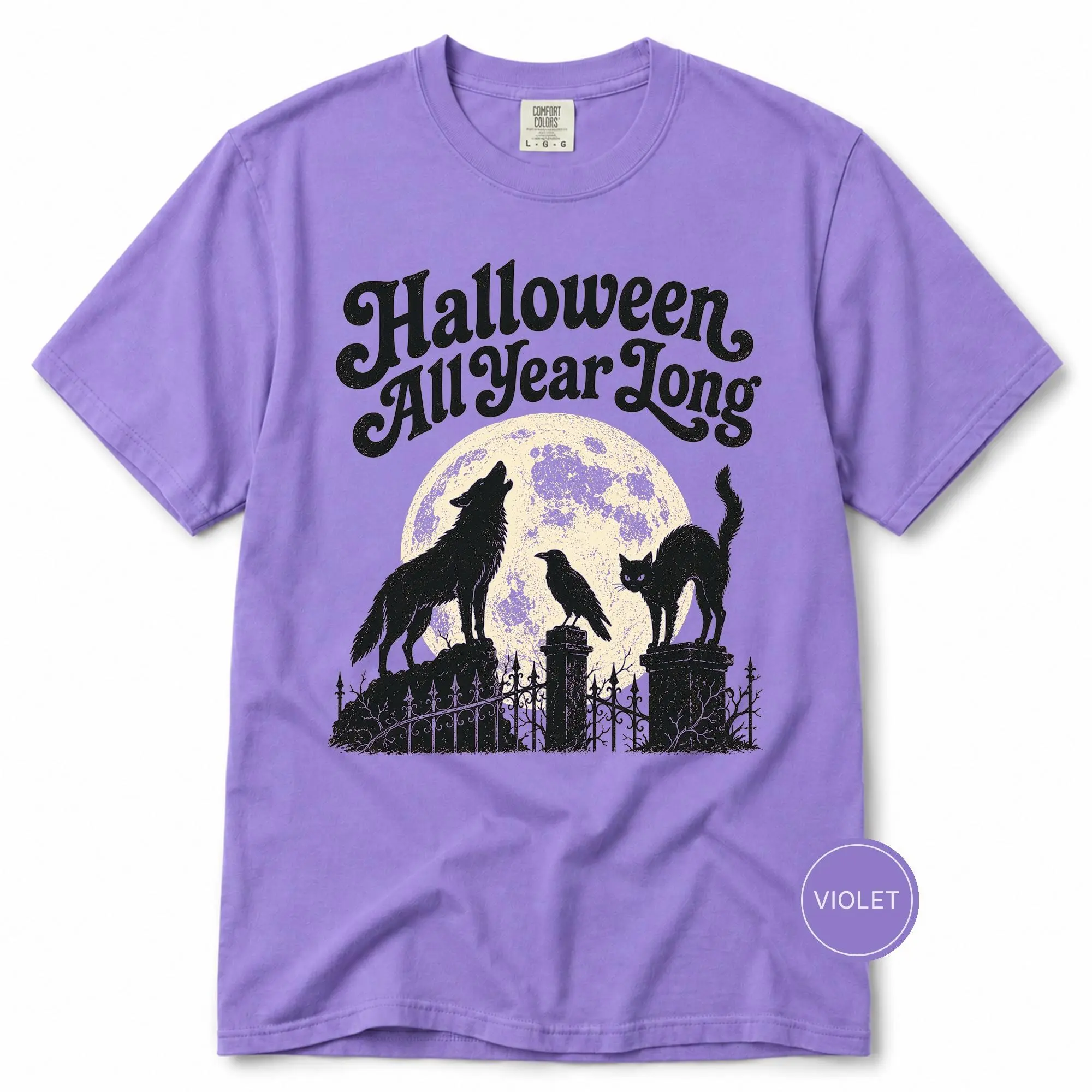 Comfort Colors Halloween All Year Long Shirt, Vintage Spooky Animal Tee, Wolf Crow Black Cat Retro Graphic Top