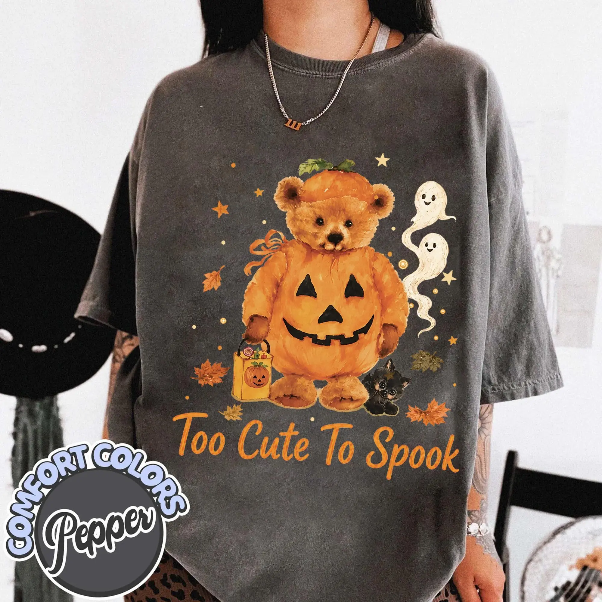 Comfort Colors Halloween Bear Shirt, Vintage 90s Pumpkin Ghost Witch Graphic Tee, Cozy Fall Spooky Season Gift