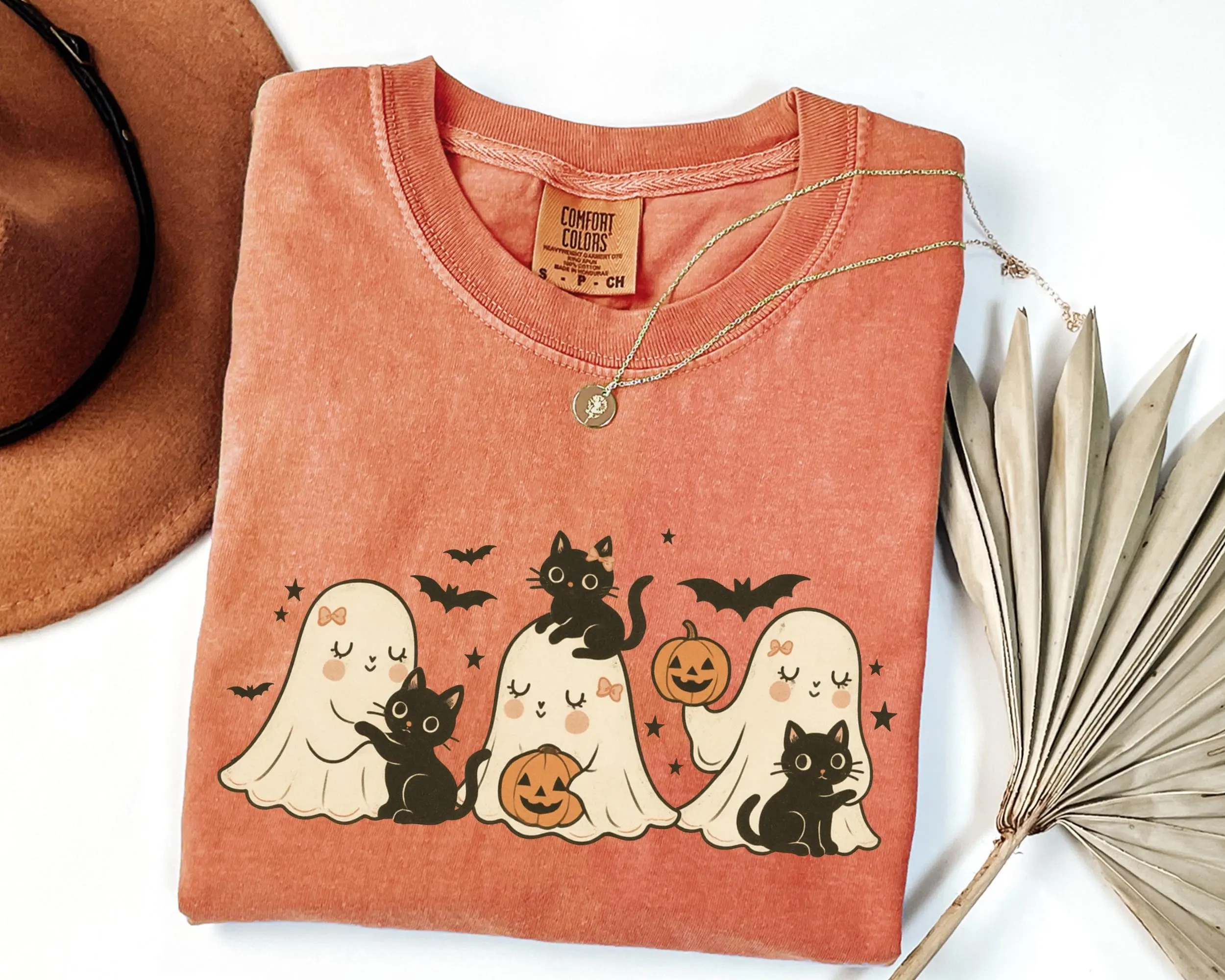 Comfort Colors Halloween Black Cat And Ghost Shirt, Cute Spooky Season Women Kitty Lover Gift Tee