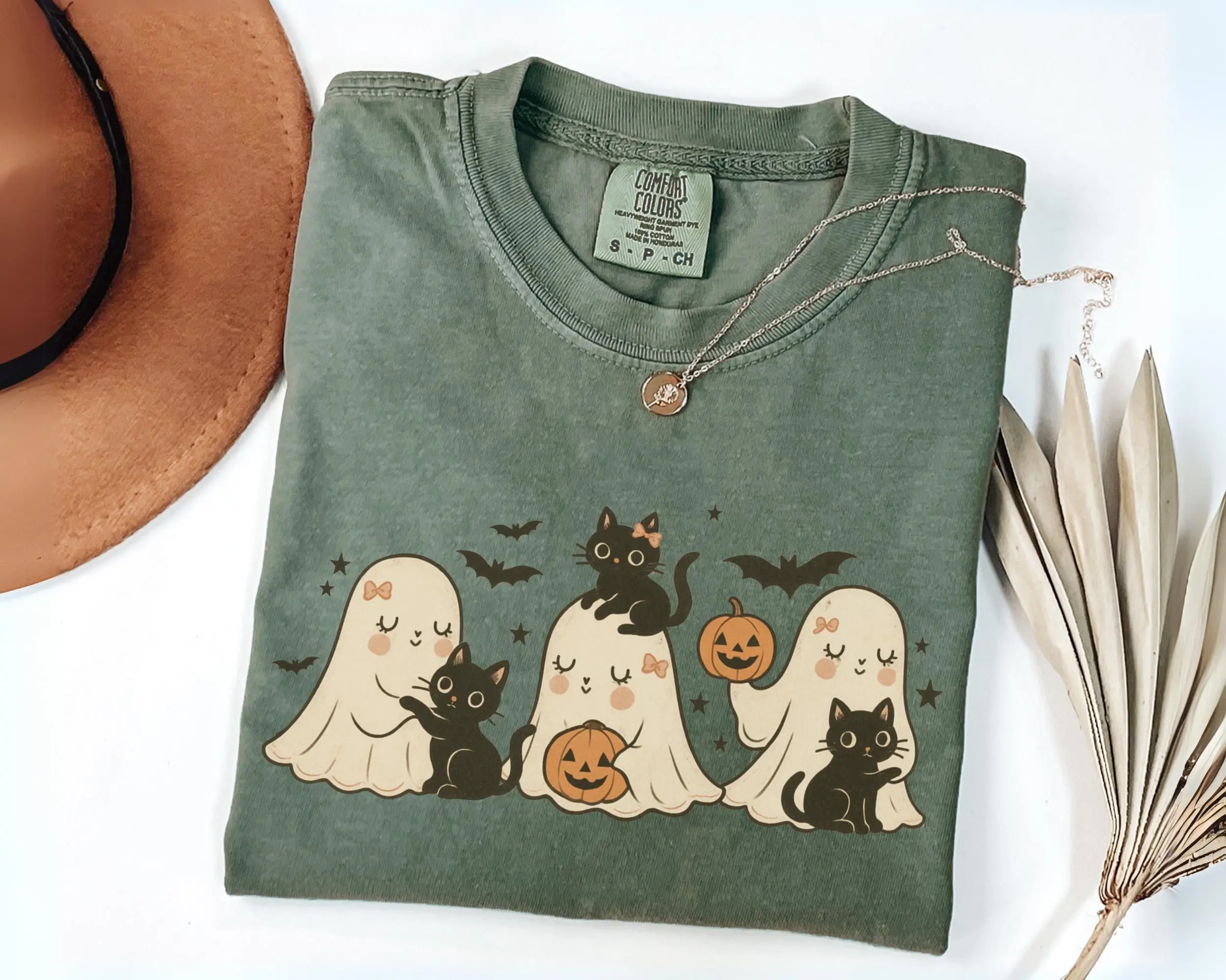 Comfort Colors Halloween Black Cat And Ghost Shirt, Cute Spooky Season Women Kitty Lover Gift Tee - photo 2