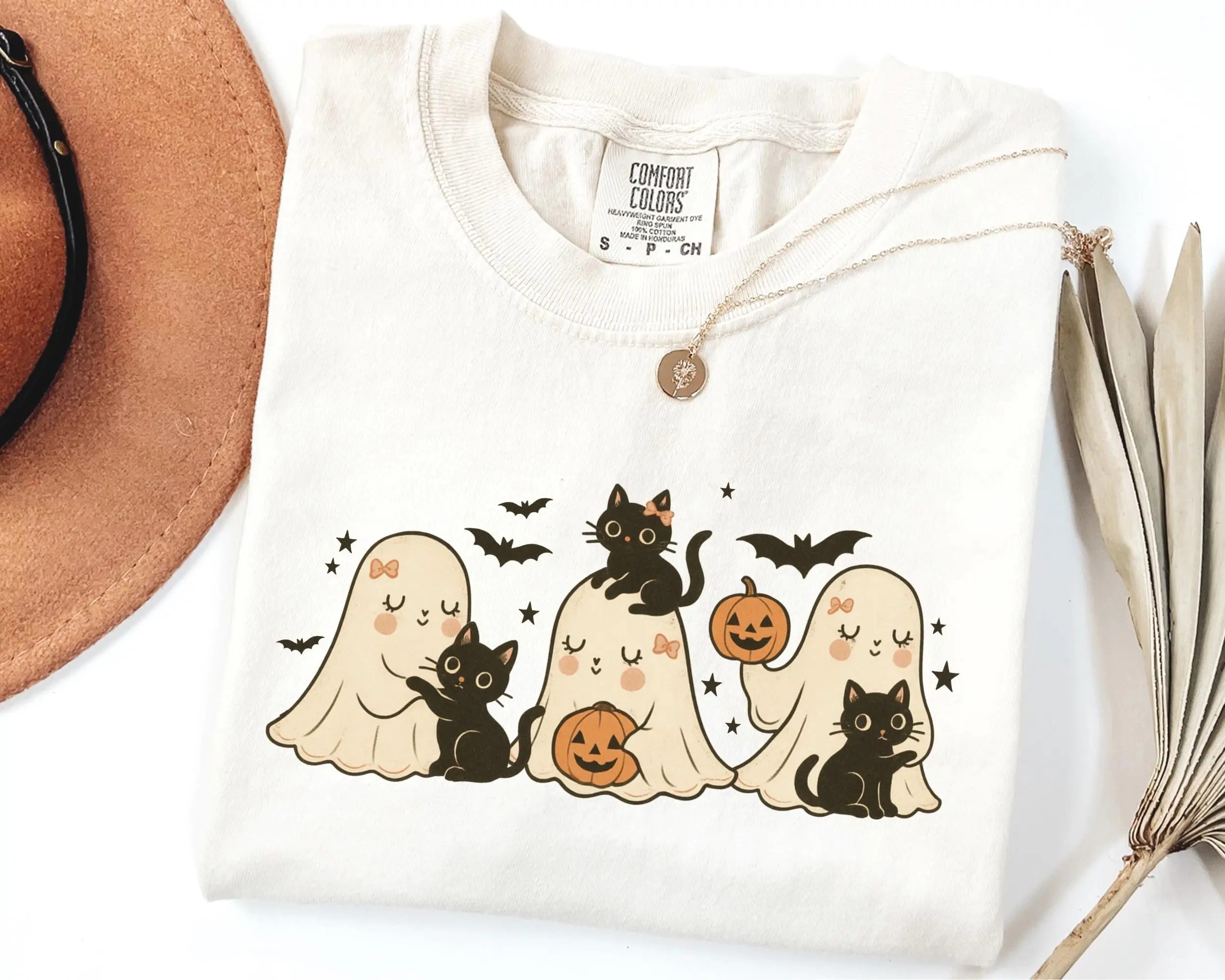 Comfort Colors Halloween Black Cat And Ghost Shirt, Cute Spooky Season Women Kitty Lover Gift Tee - photo 3
