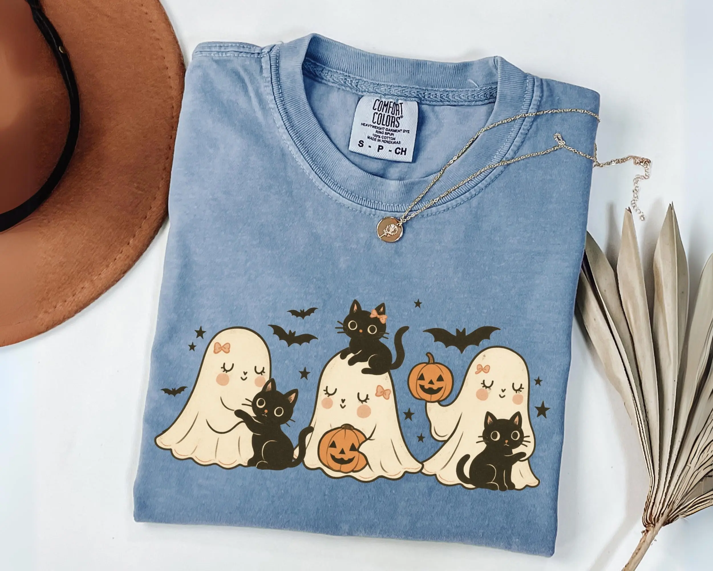 Comfort Colors Halloween Black Cat And Ghost Shirt, Cute Spooky Season Women Kitty Lover Gift Tee - photo 4
