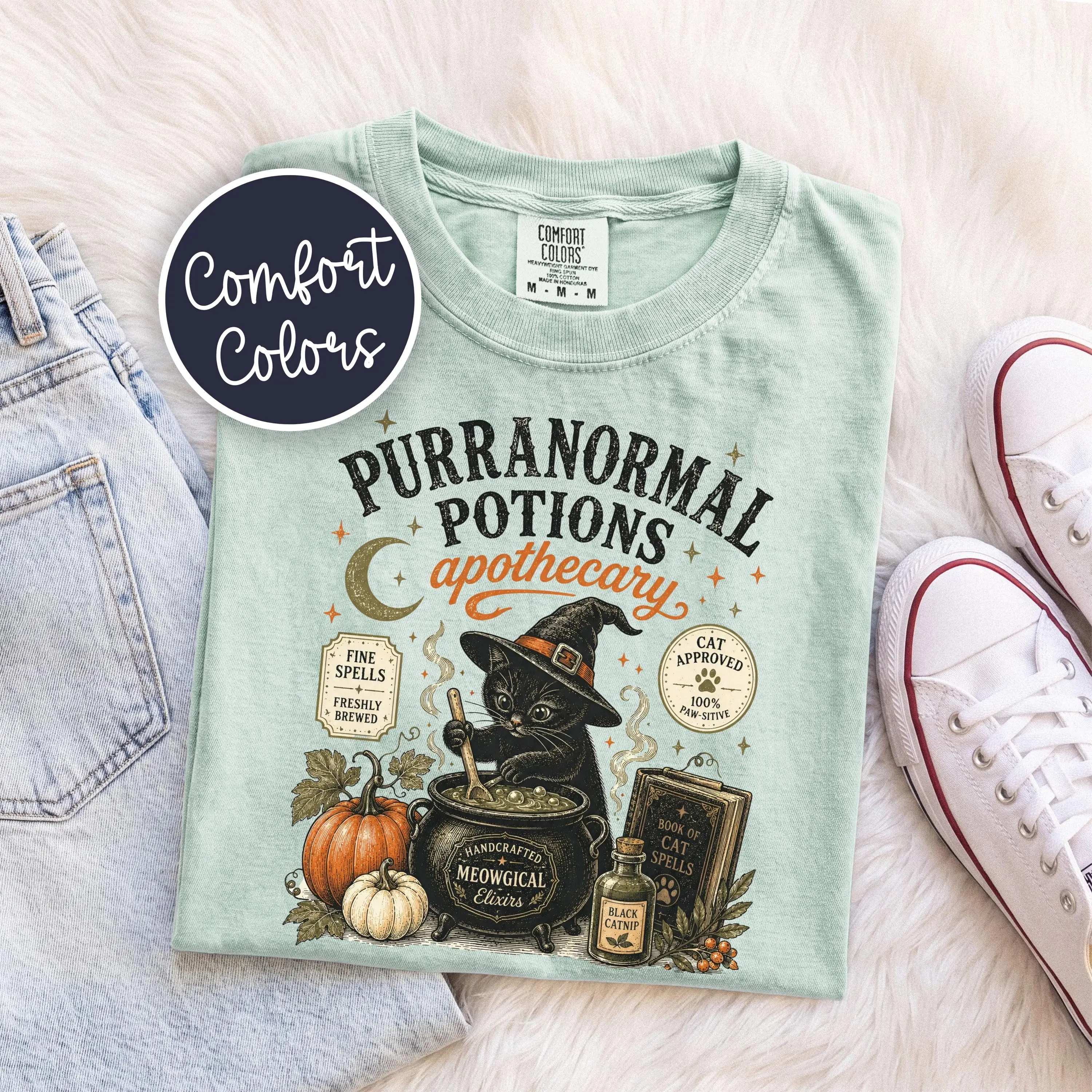Comfort Colors Halloween Black Cat Shirt, Spooky Season Kitty Vintage Retro Fall Tee, Cat Mom Lover Gift