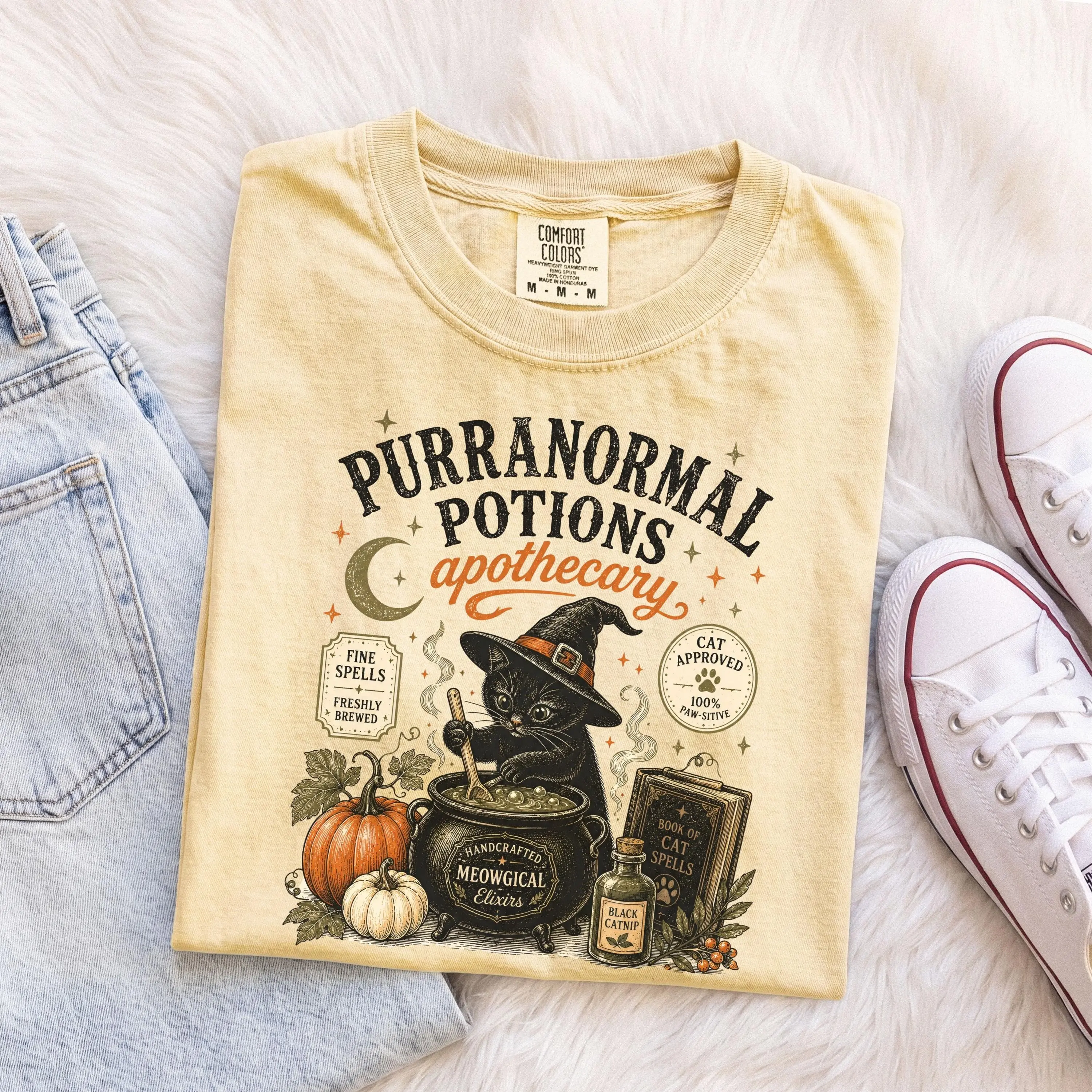 Comfort Colors Halloween Black Cat Shirt, Spooky Season Kitty Vintage Retro Fall Tee, Cat Mom Lover Gift - photo 2