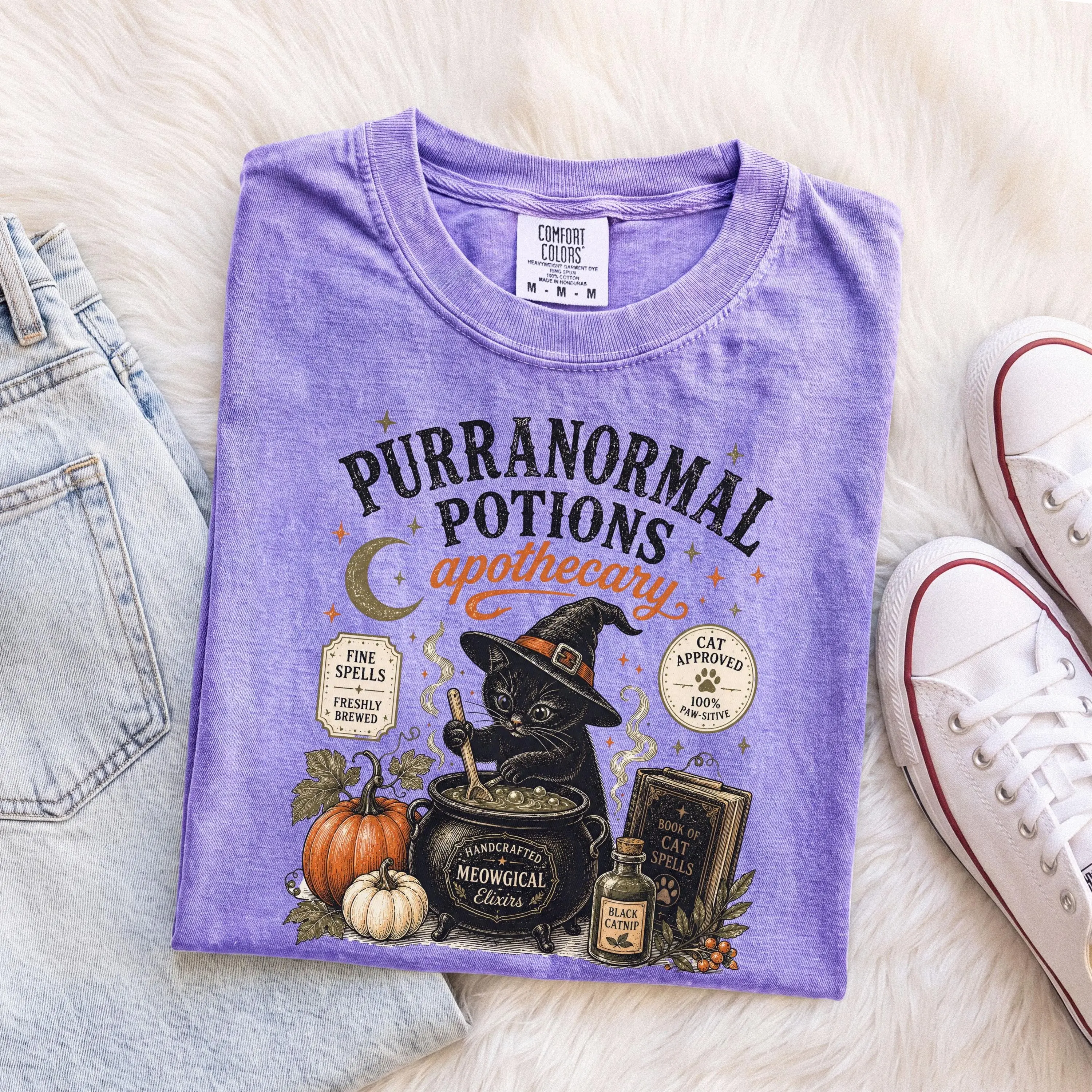 Comfort Colors Halloween Black Cat Shirt, Spooky Season Kitty Vintage Retro Fall Tee, Cat Mom Lover Gift - photo 3