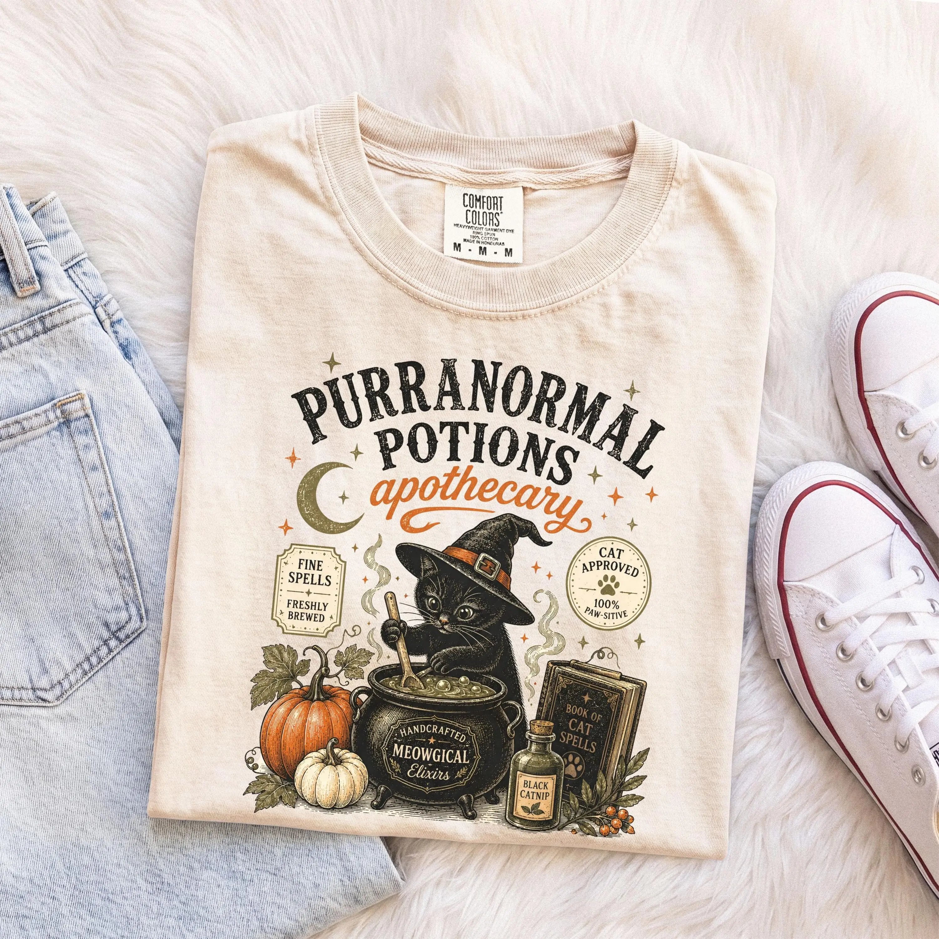 Comfort Colors Halloween Black Cat Shirt, Spooky Season Kitty Vintage Retro Fall Tee, Cat Mom Lover Gift - photo 5