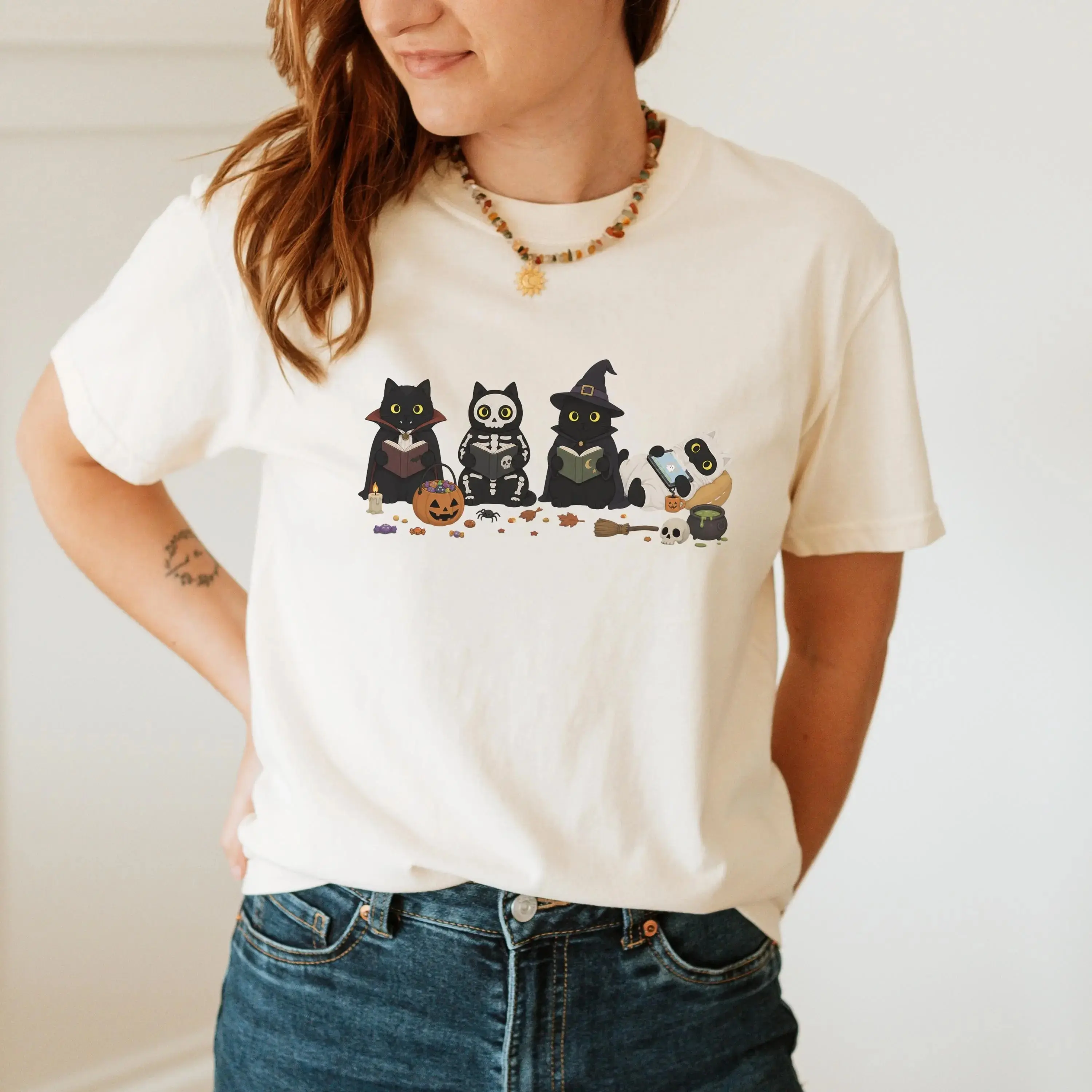 Comfort Colors Halloween Black Cats Reading Sweatshirt, Cute Spooky Book Lover Tee, Cat Mom Bookworm Reader Gift