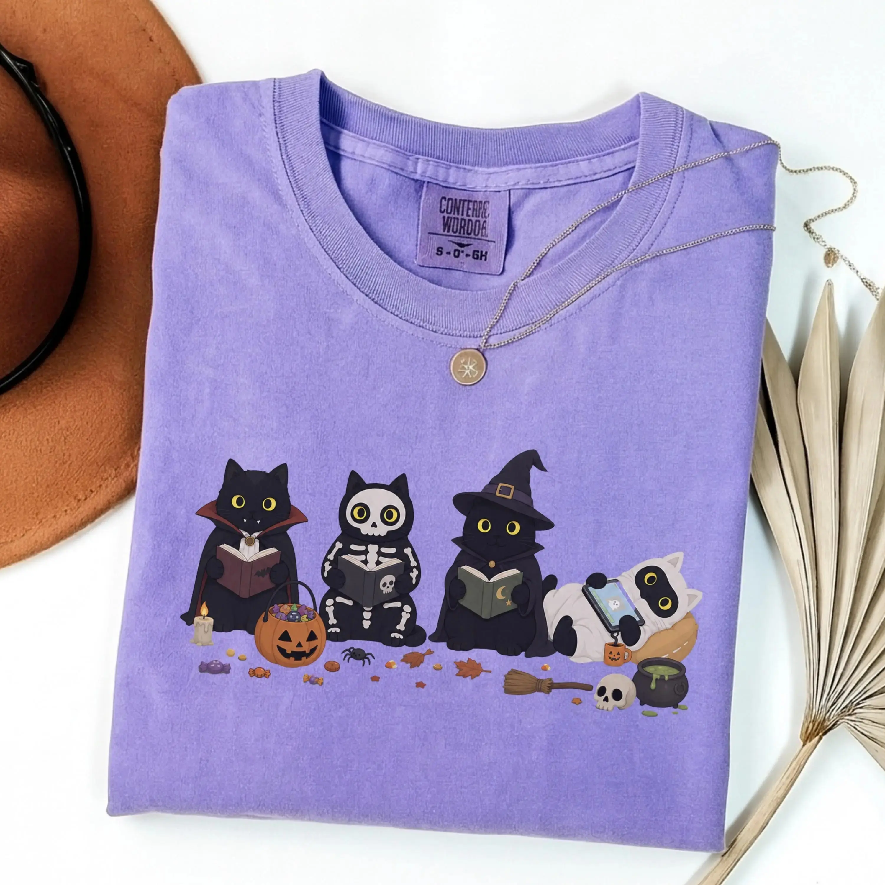 Comfort Colors Halloween Black Cats Reading Sweatshirt, Cute Spooky Book Lover Tee, Cat Mom Bookworm Reader Gift - photo 2