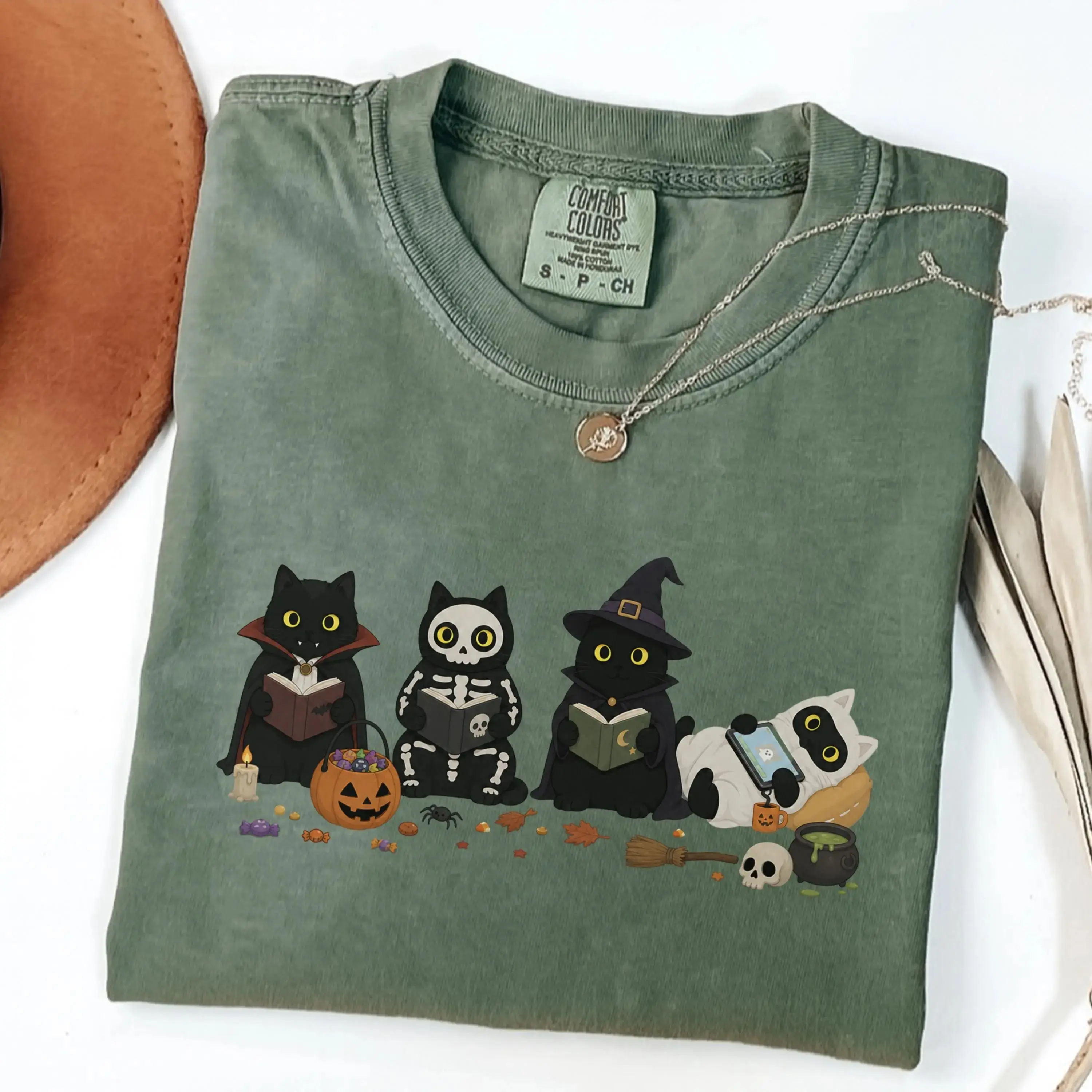 Comfort Colors Halloween Black Cats Reading Sweatshirt, Cute Spooky Book Lover Tee, Cat Mom Bookworm Reader Gift - photo 3