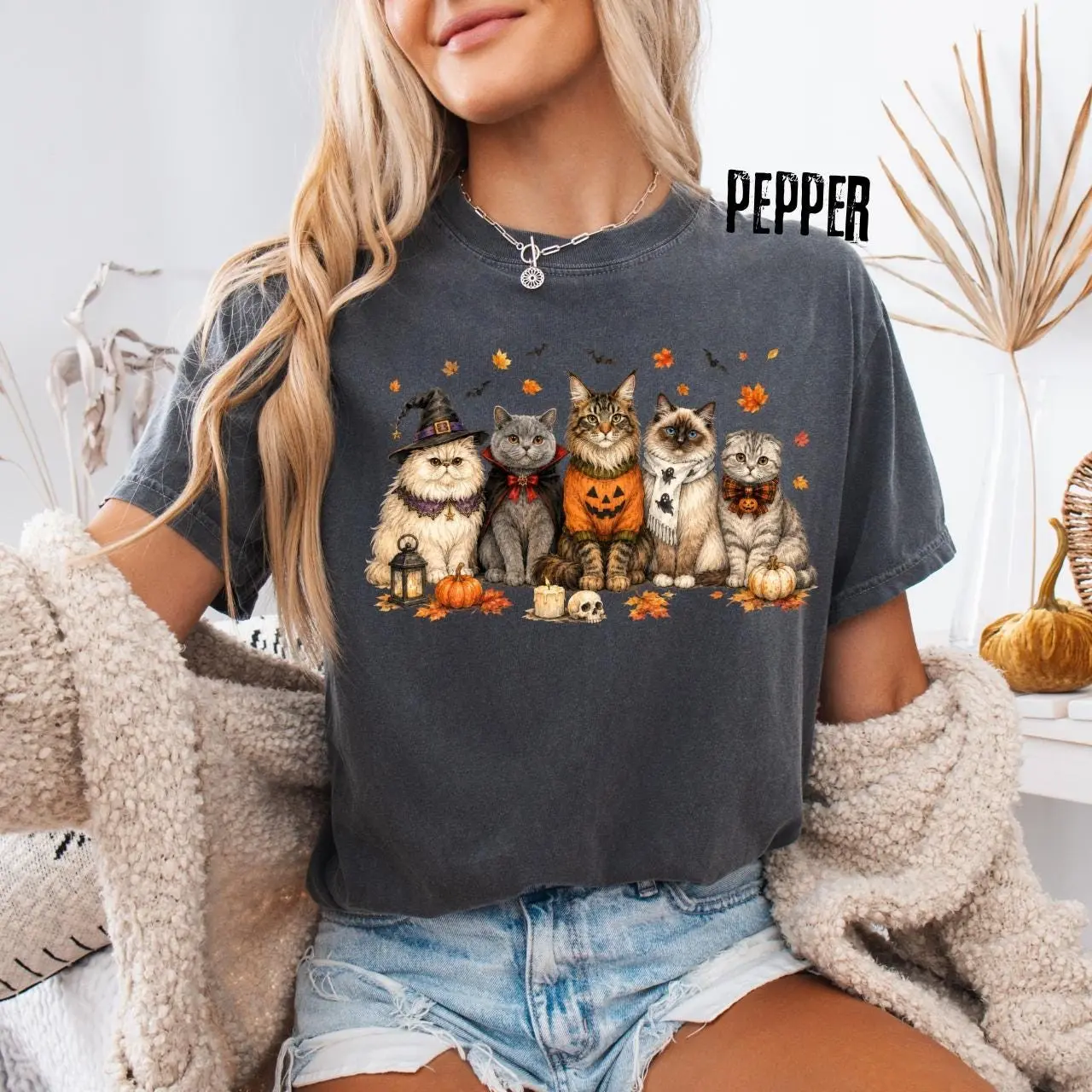 Comfort Colors Spooky Black Cat Pumpkin Shirt, Witch Halloween Sweatshirt, Cute Fall Graphic Tee Gift - photo 5