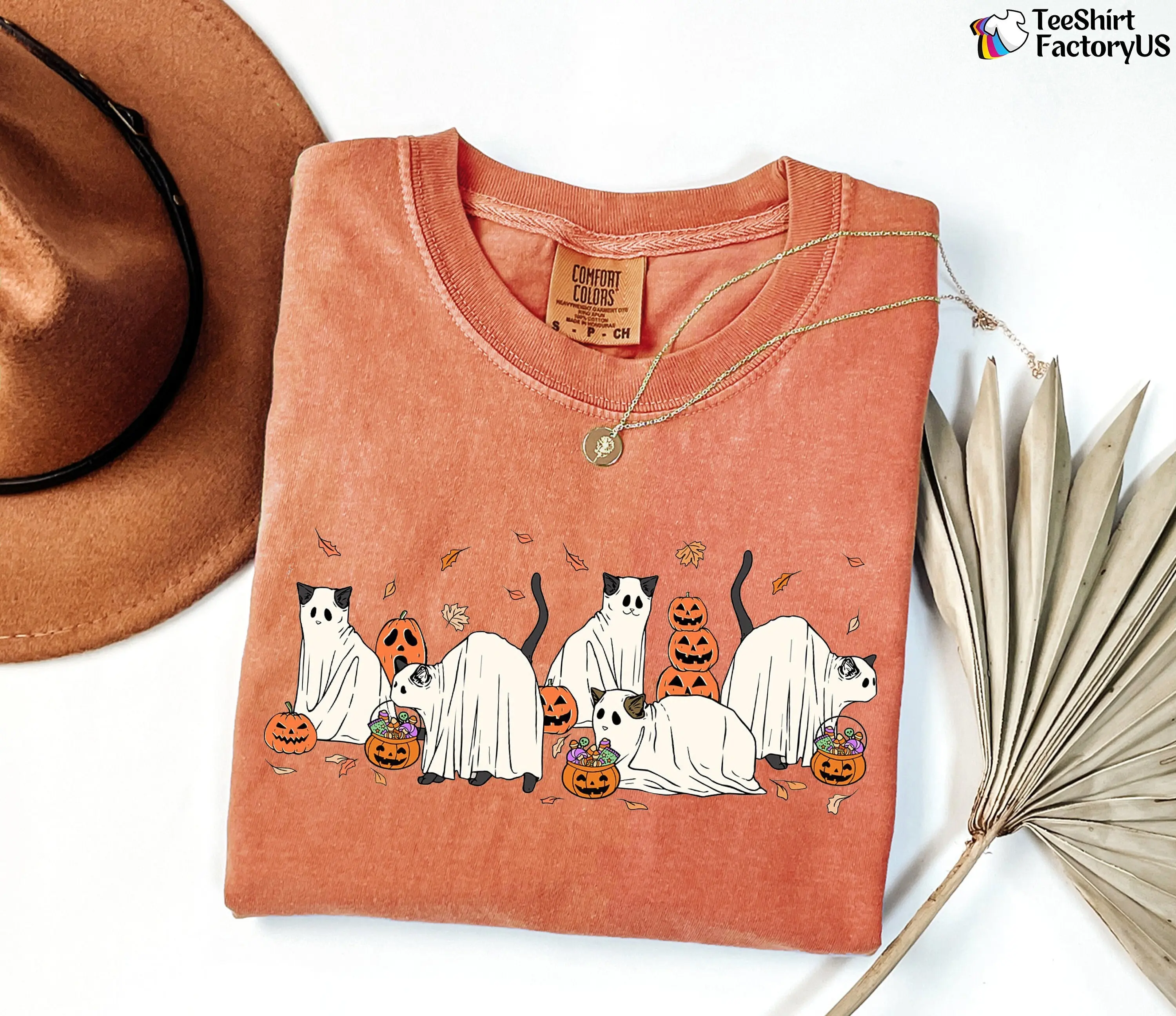 Comfort Colors Halloween Cat Shirt, Cute Ghost Black Kitty Graphic Tee, Funny Feline Lover Fall Gift