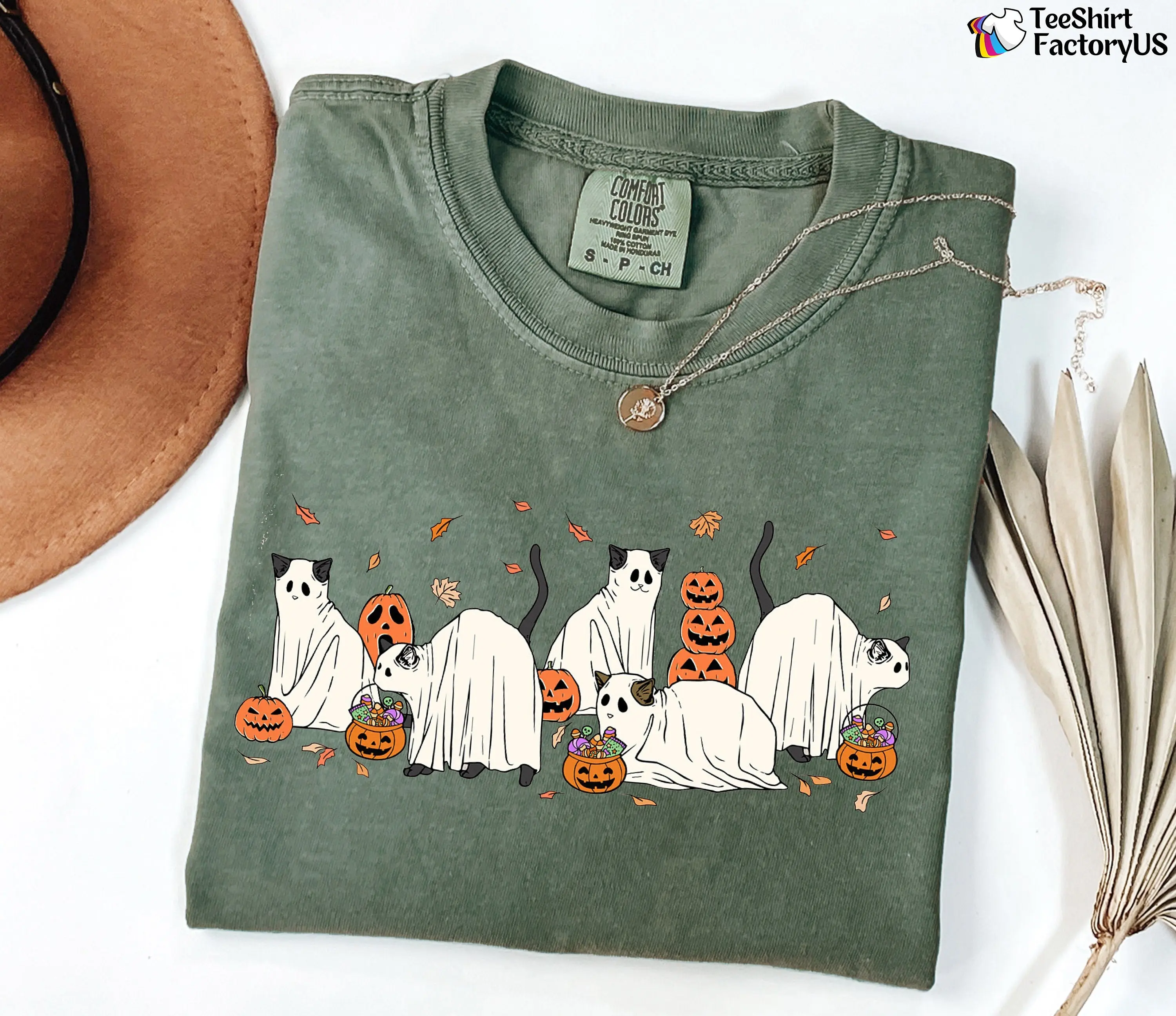 Comfort Colors Halloween Cat Shirt, Cute Ghost Black Kitty Graphic Tee, Funny Feline Lover Fall Gift - photo 2