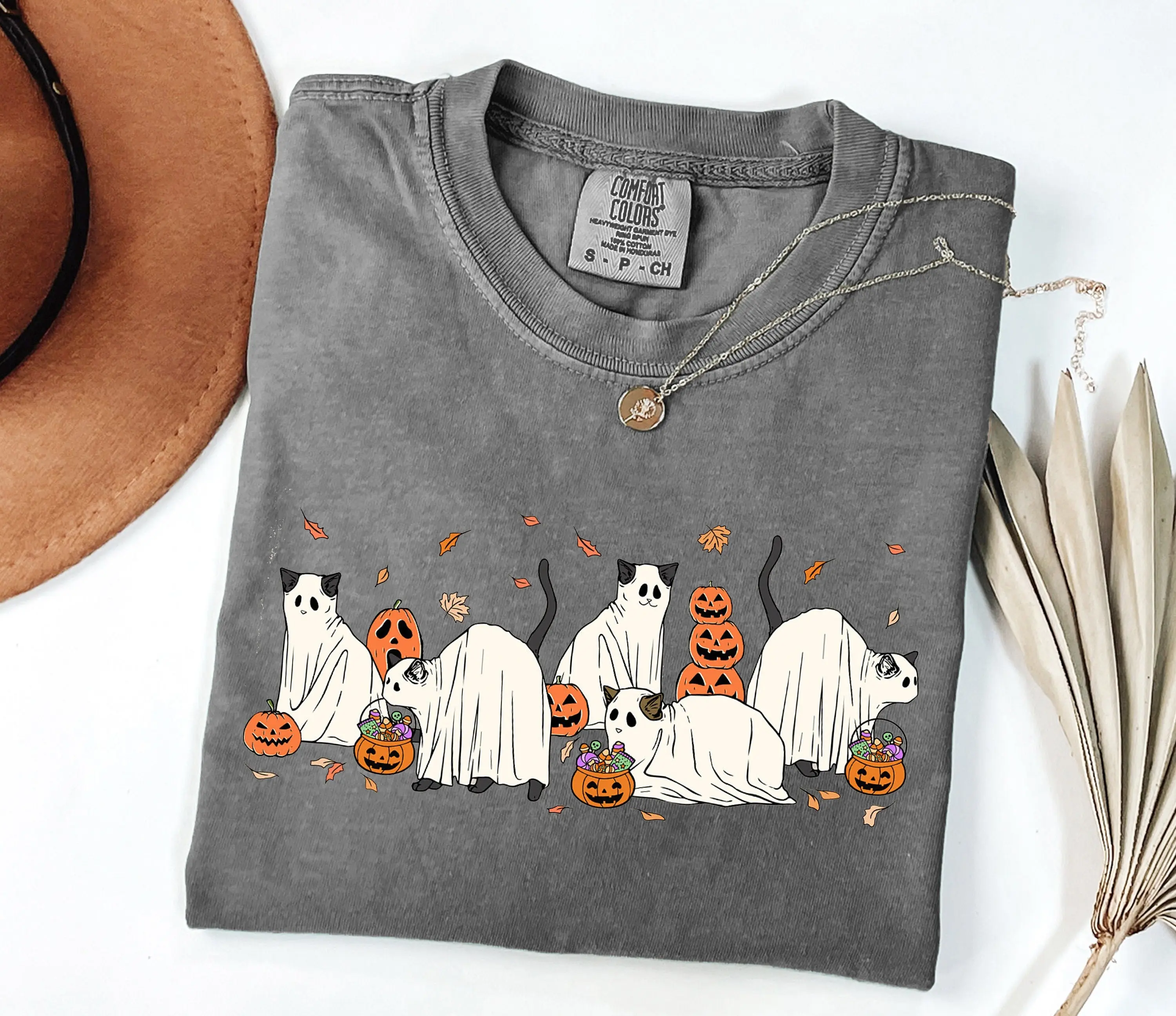 Comfort Colors Halloween Cat Shirt, Cute Ghost Black Kitty Graphic Tee, Funny Feline Lover Fall Gift - photo 3